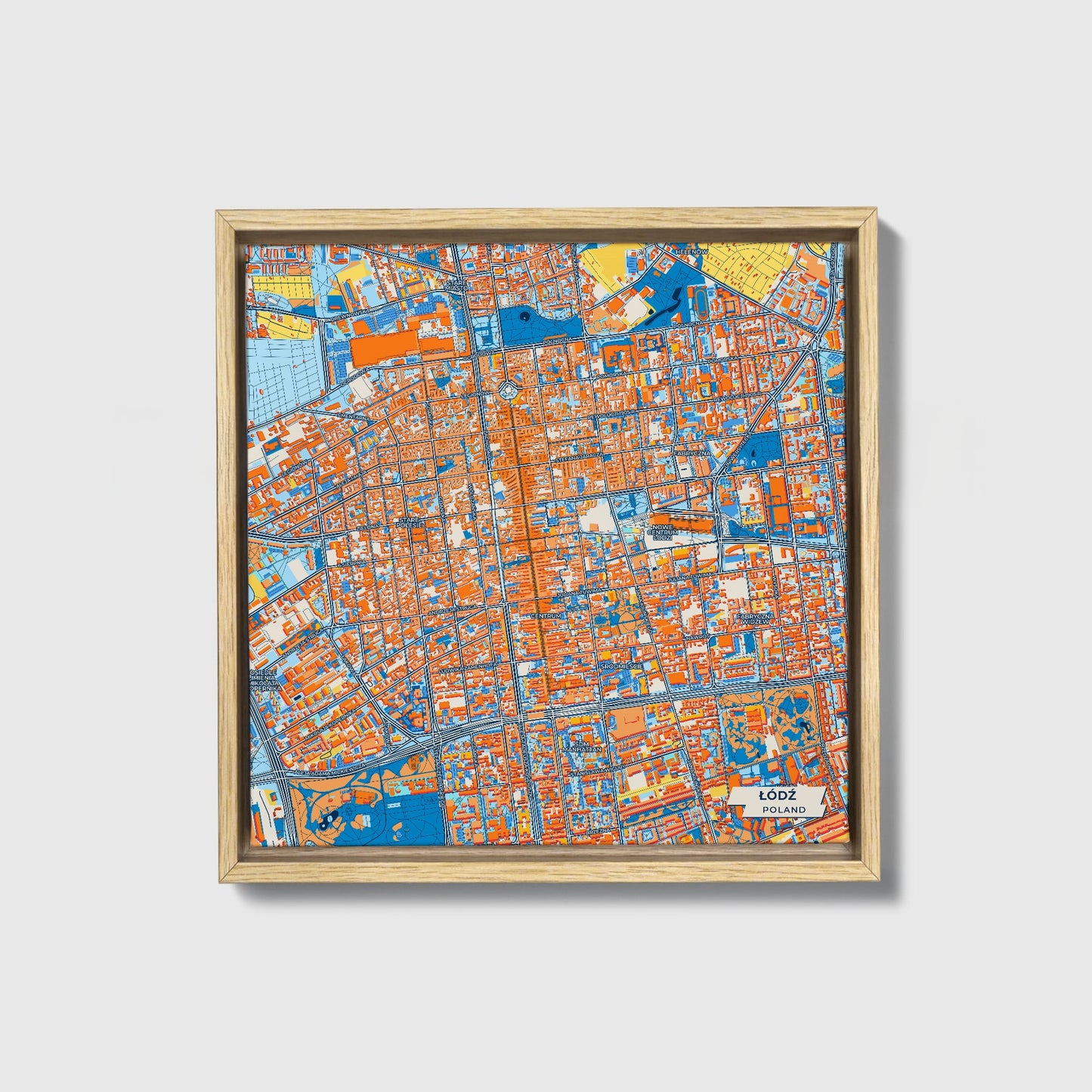 Łódź Poland Colorful City Map Canvas Print • Natural Wooden Framed