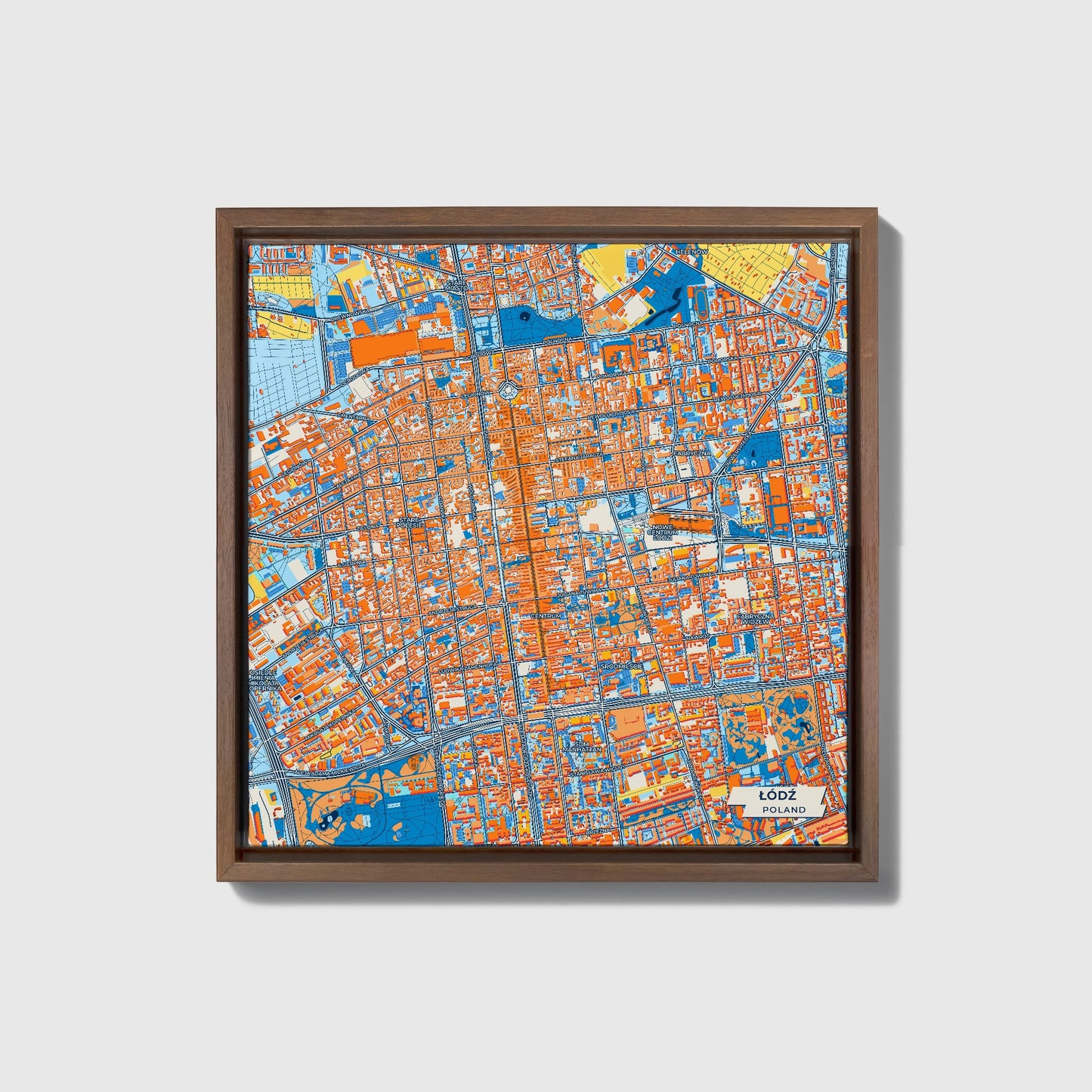 Łódź Poland Colorful City Map Canvas Print • Dark Wooden Framed