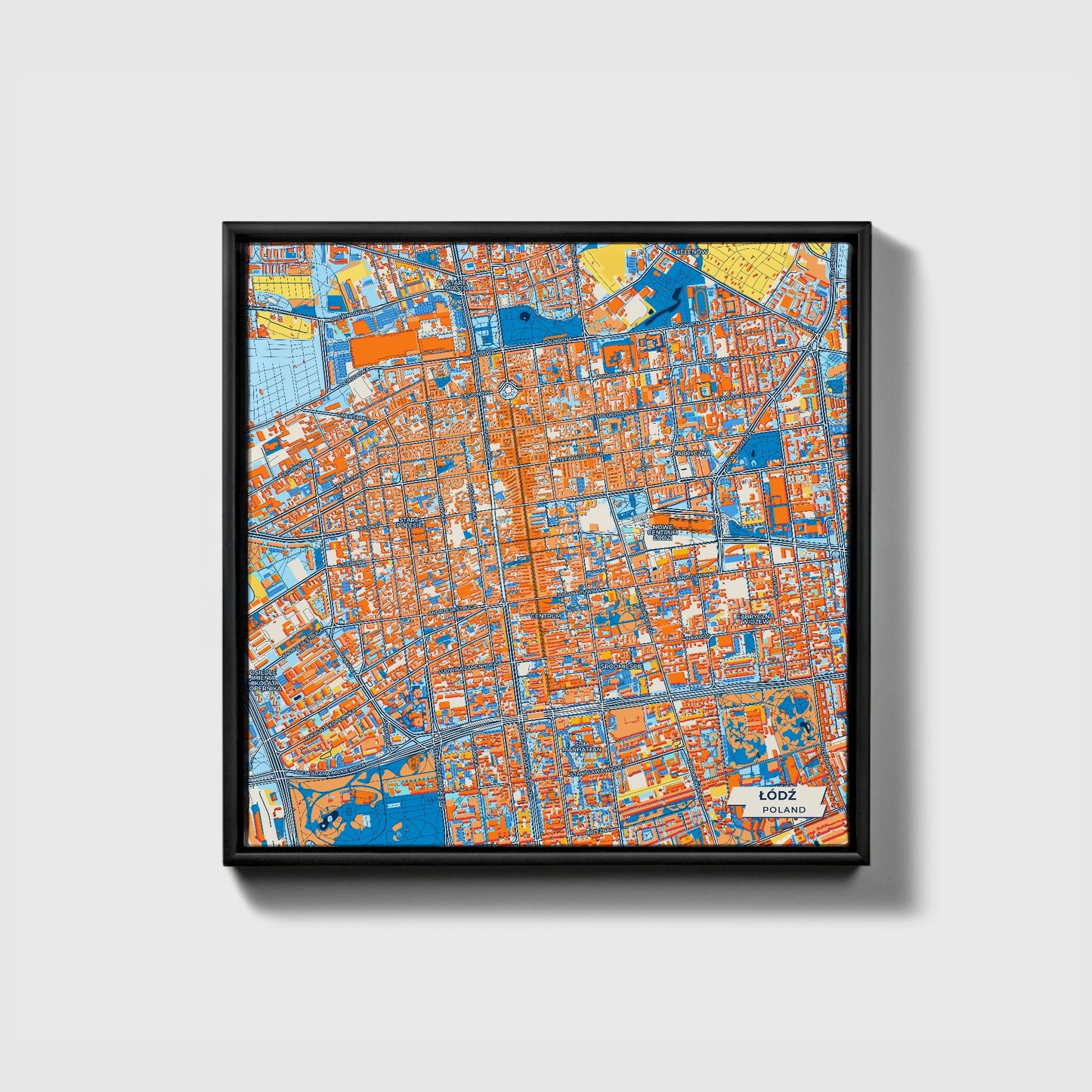 Łódź Poland Colorful City Map Canvas Print • Black Framed