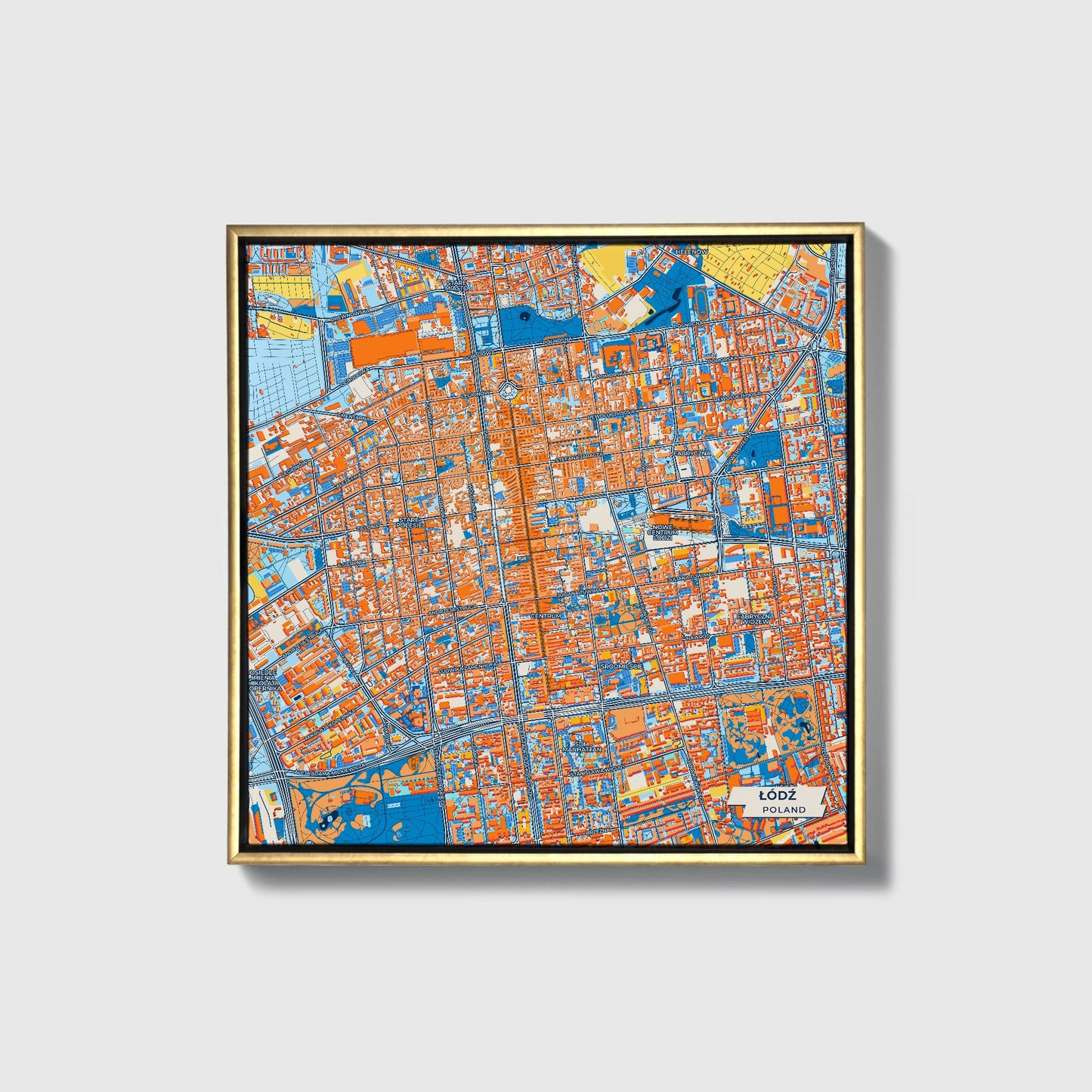 Łódź Poland Colorful City Map Canvas Print • Gold Framed