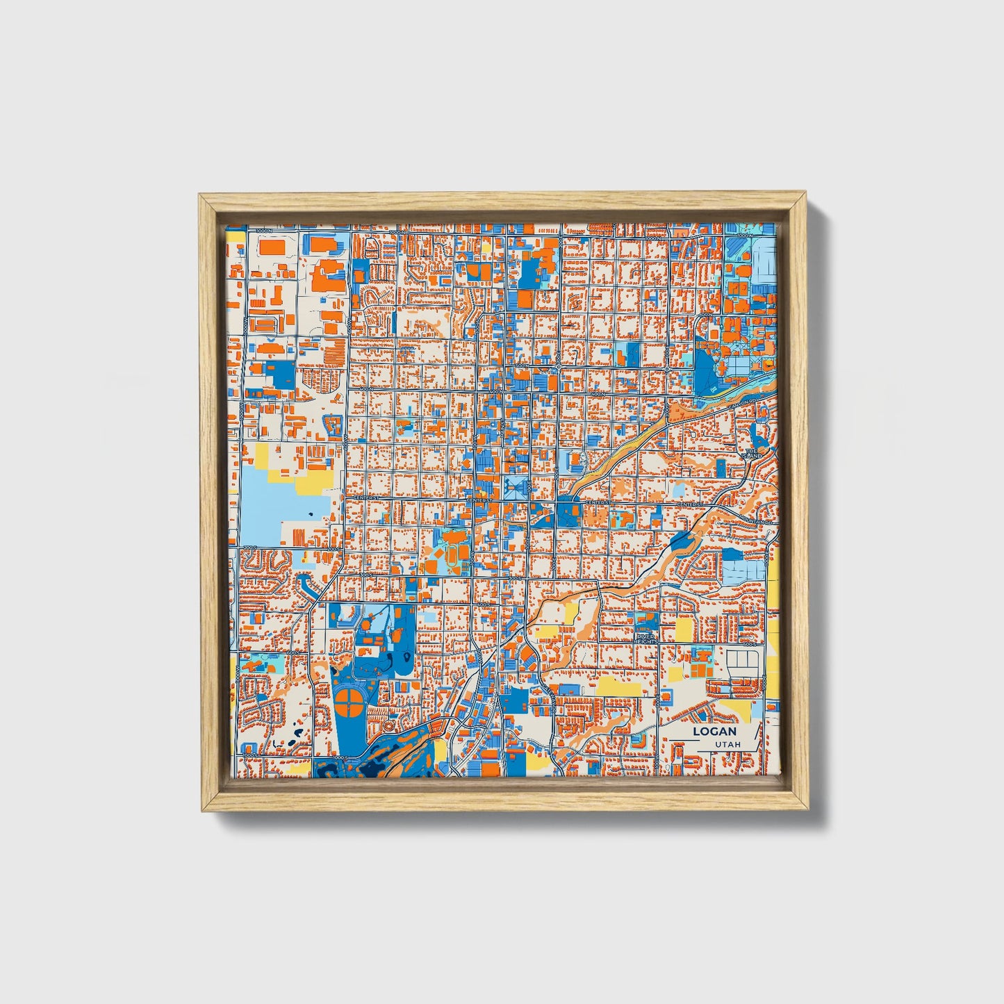 Logan Utah Colorful City Map Canvas Print • Natural Wooden Framed
