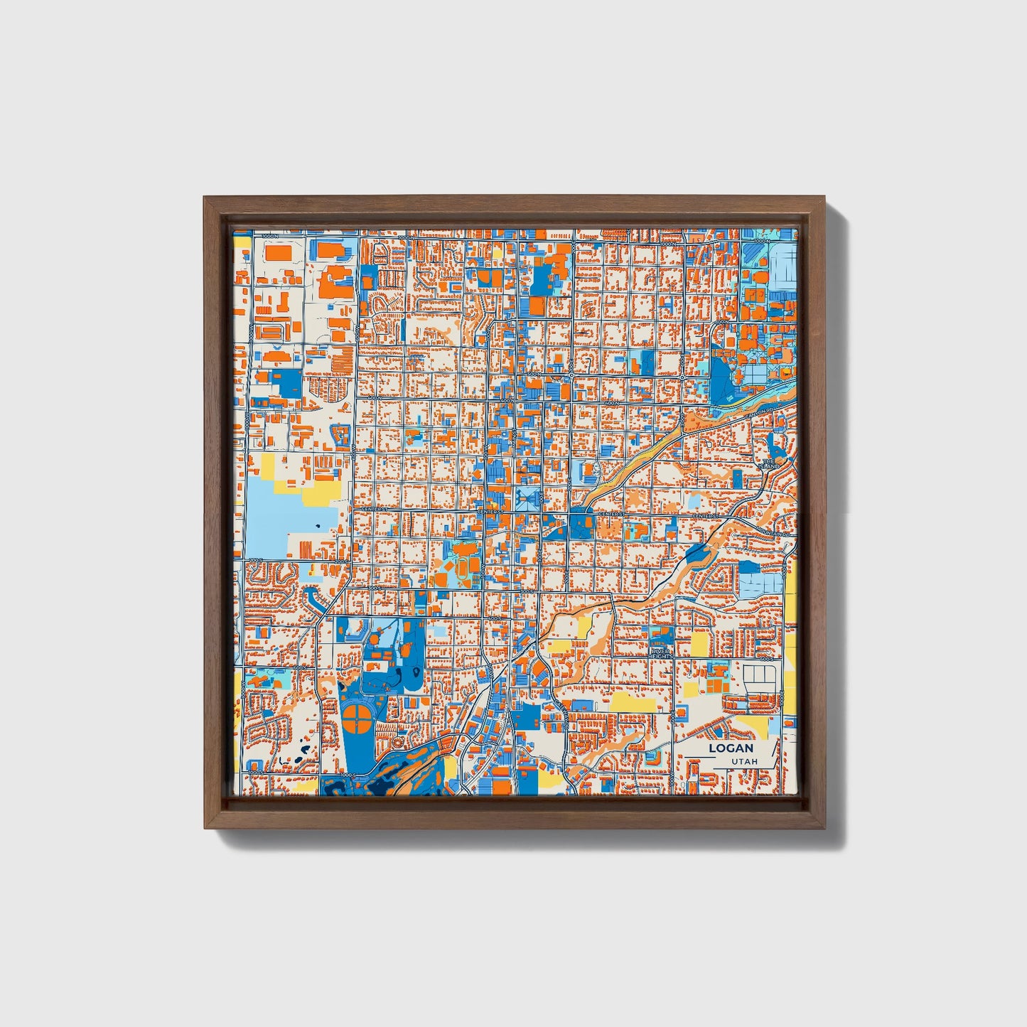 Logan Utah Colorful City Map Canvas Print • Dark Wooden Framed