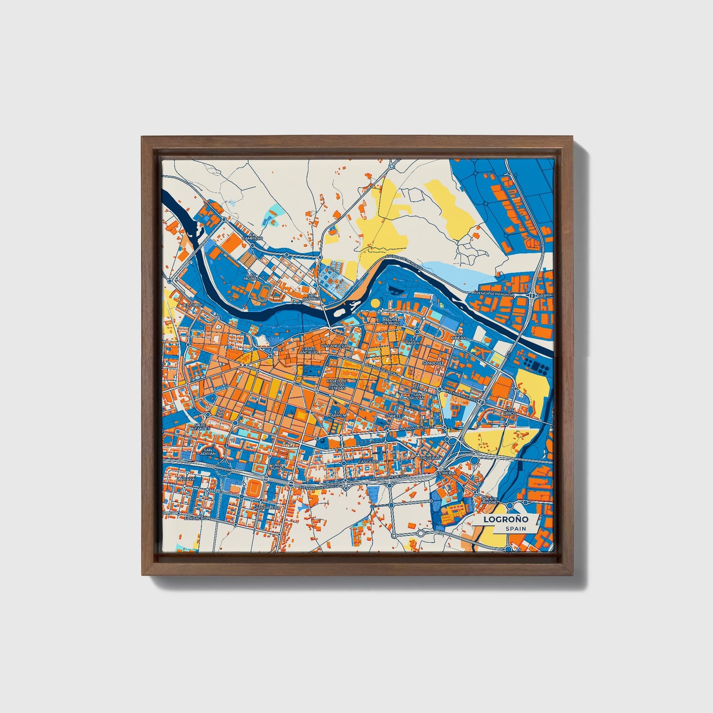 Logroño Spain Colorful City Map Canvas Print • Dark Wooden Framed
