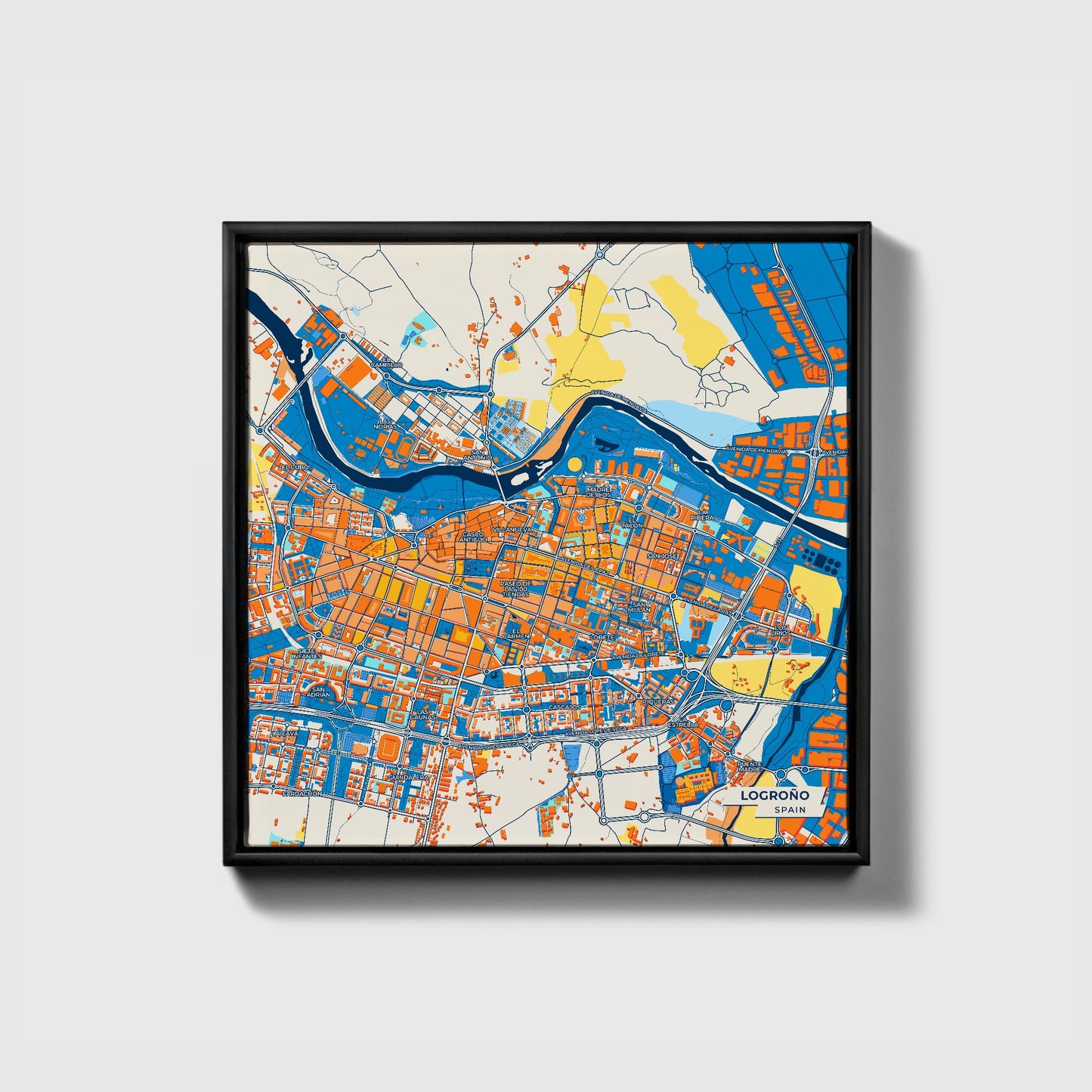 Logroño Spain Colorful City Map Canvas Print • Black Framed