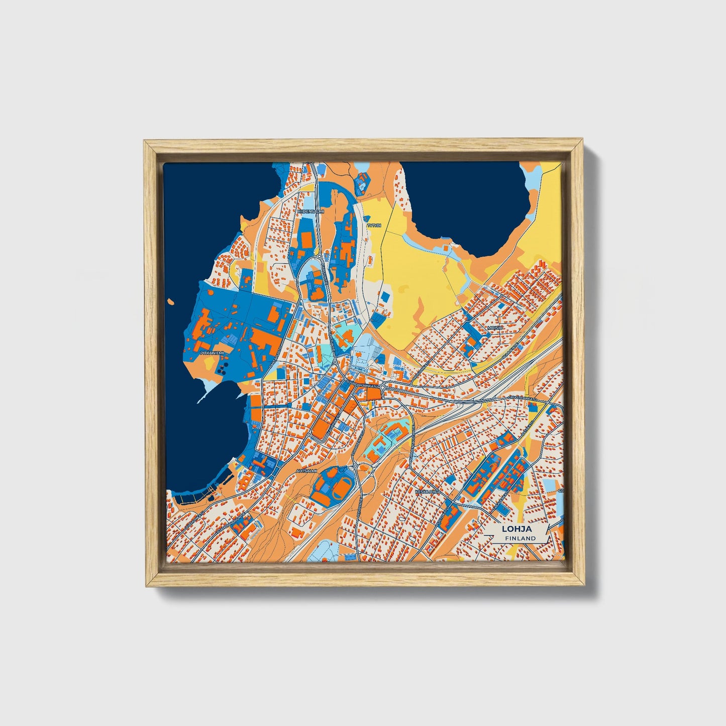 Lohja Finland Colorful City Map Canvas Print • Natural Wooden Framed