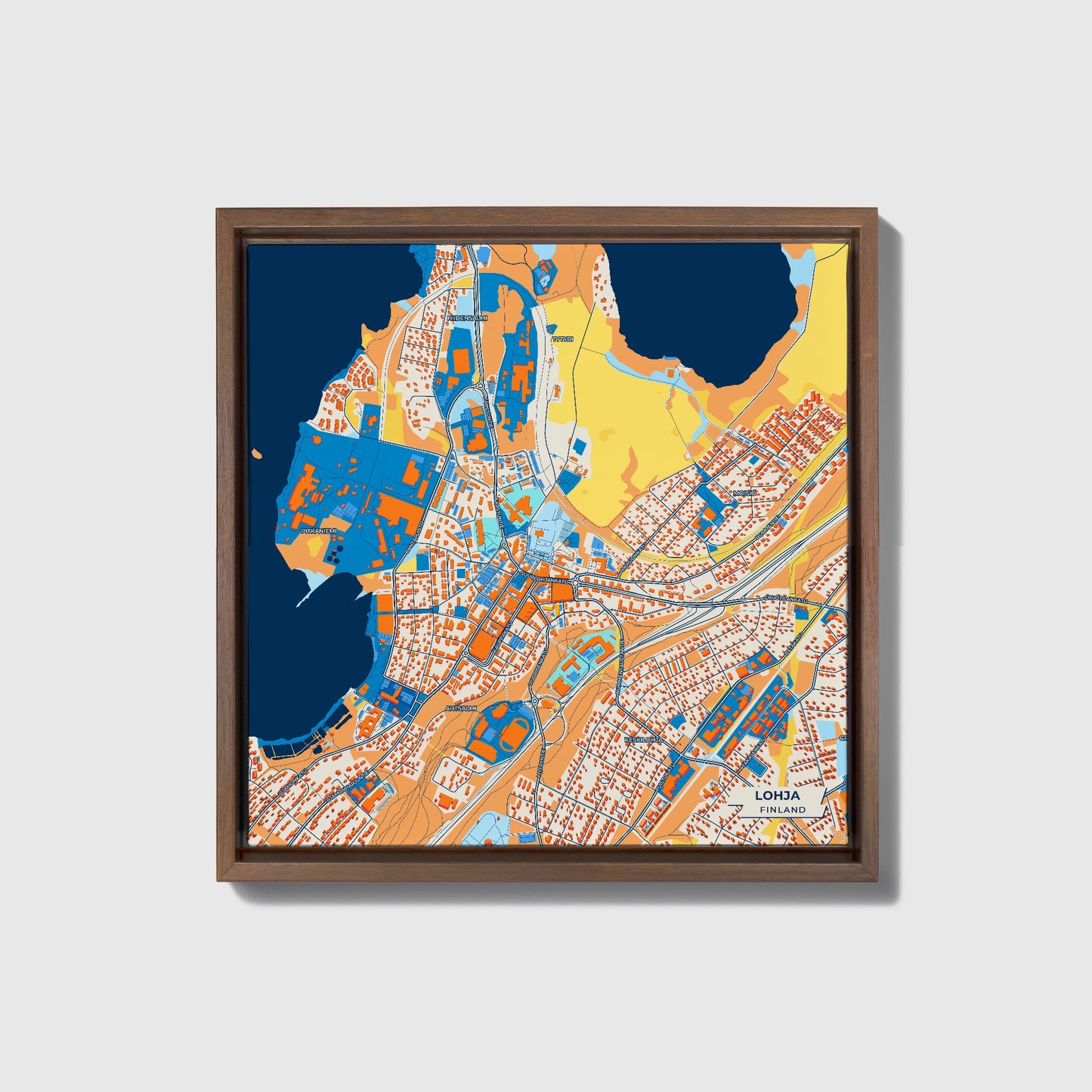Lohja Finland Colorful City Map Canvas Print • Dark Wooden Framed