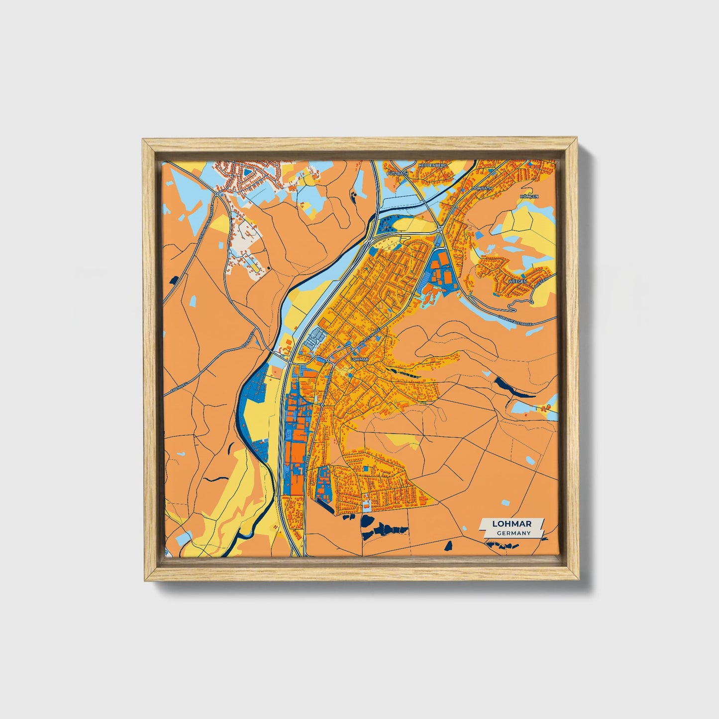 Lohmar Germany Colorful City Map Canvas Print • Natural Wooden Framed