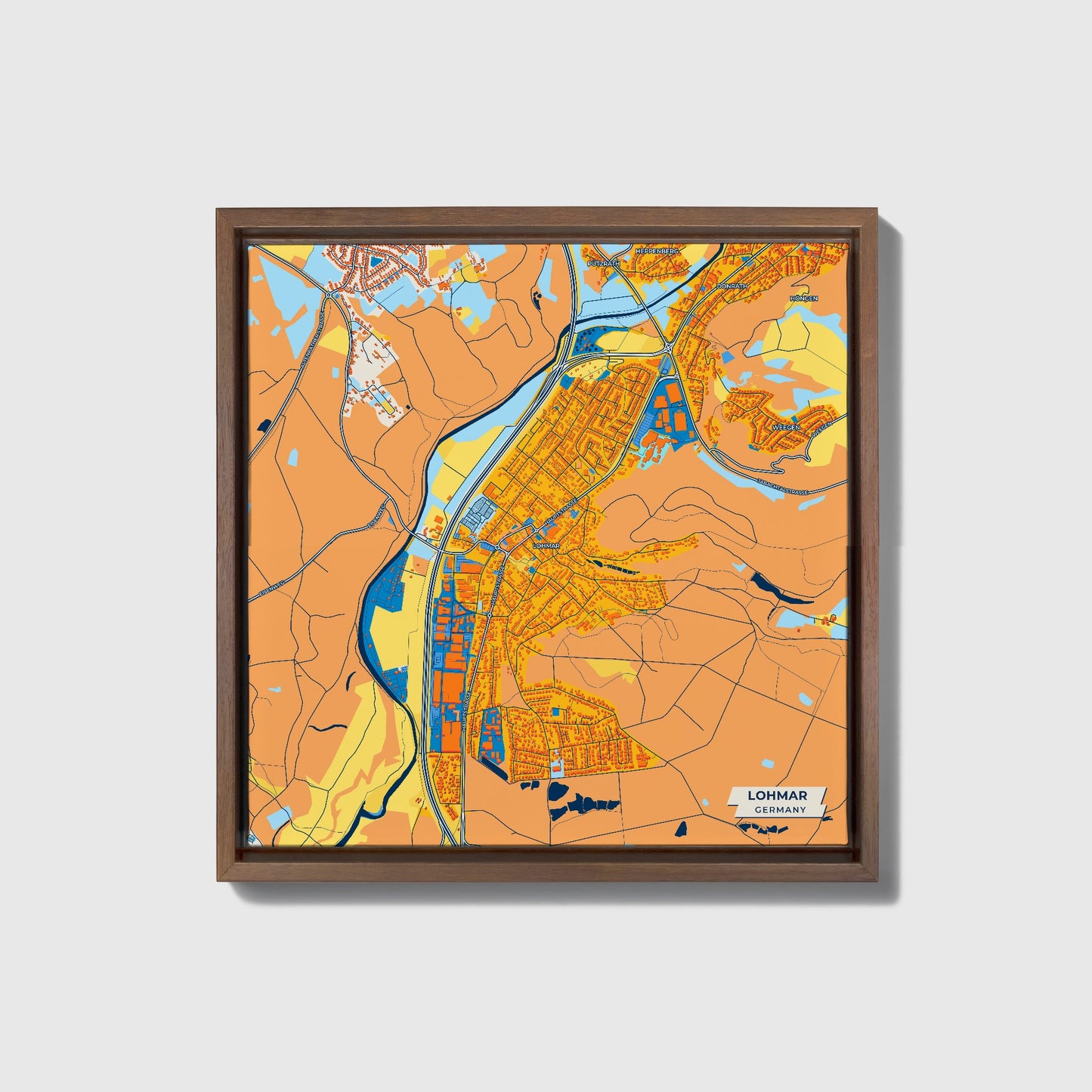 Lohmar Germany Colorful City Map Canvas Print • Dark Wooden Framed