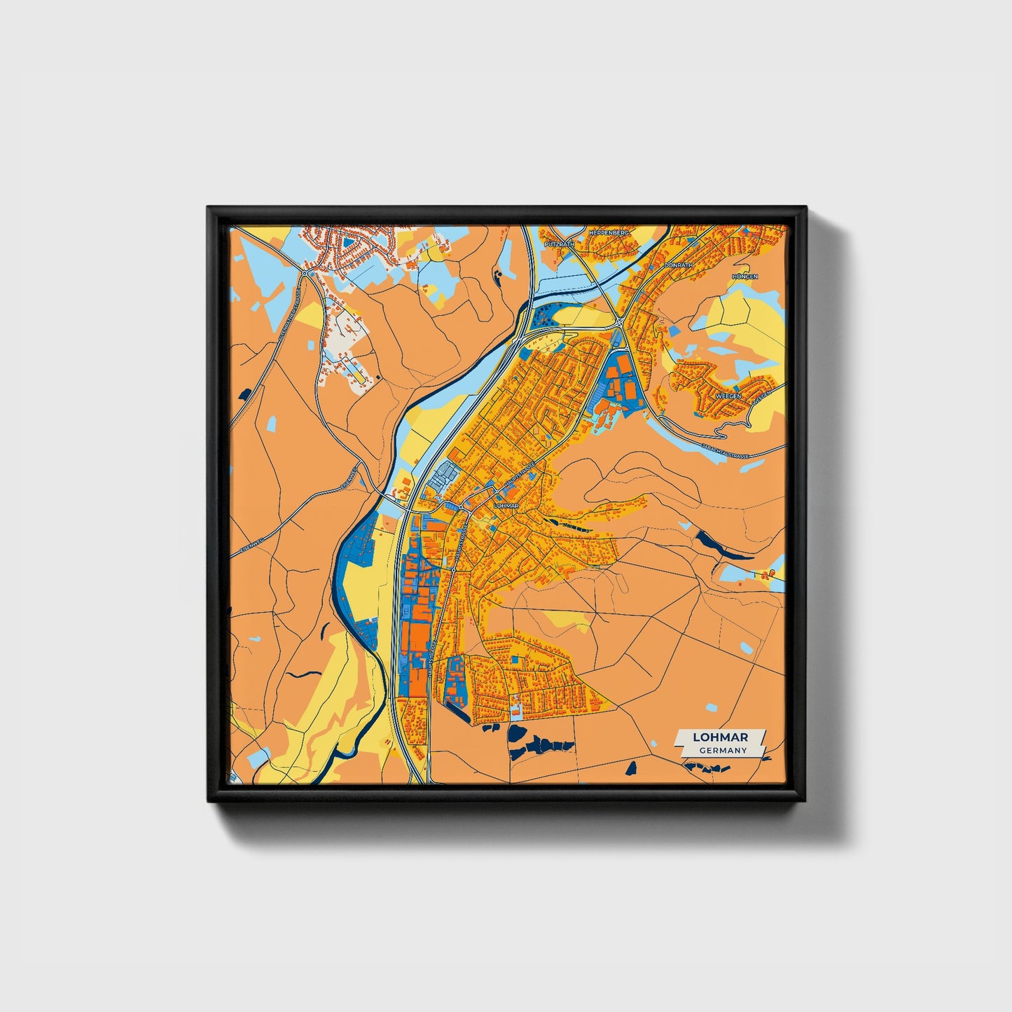Lohmar Germany Colorful City Map Canvas Print • Black Framed