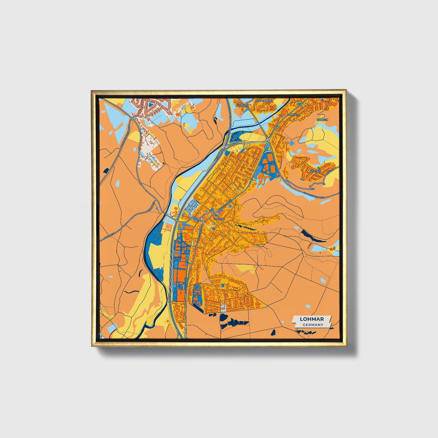 Lohmar Germany Colorful City Map Canvas Print • Gold Framed