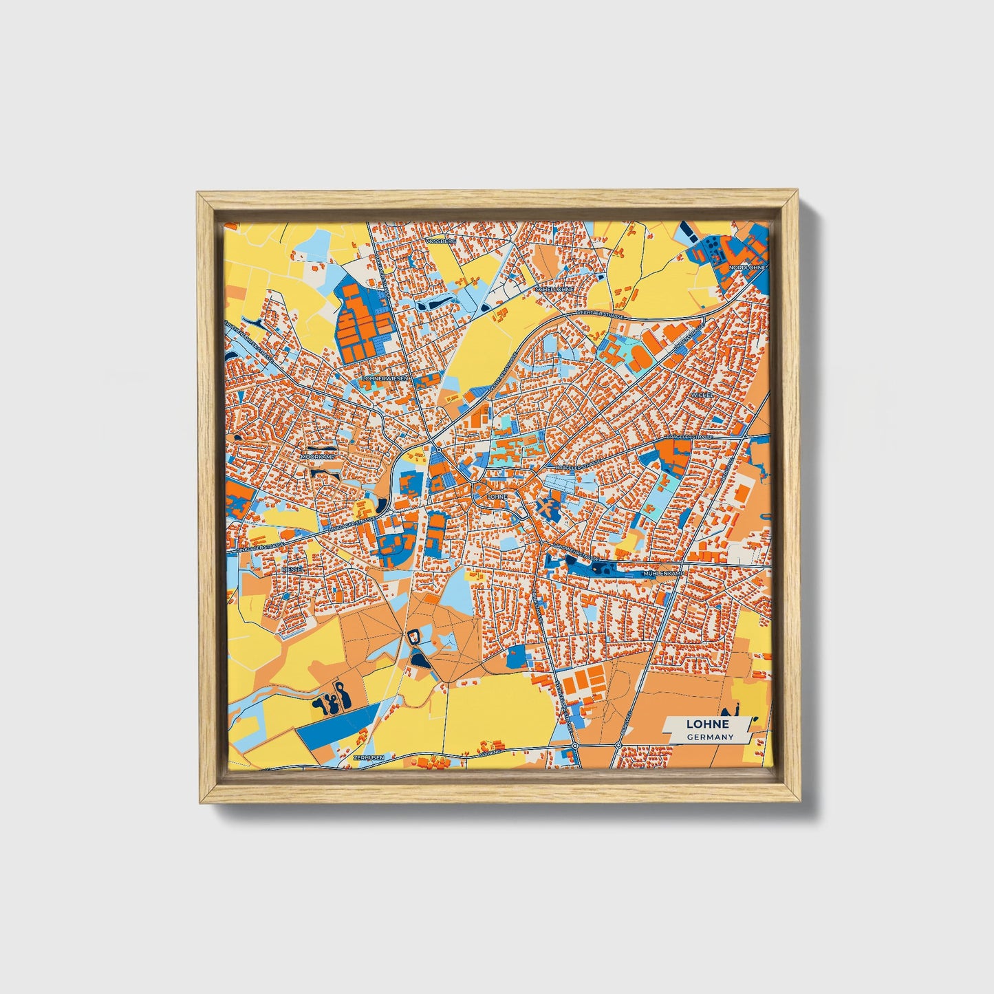 Löhne Germany Colorful City Map Canvas Print • Natural Wooden Framed