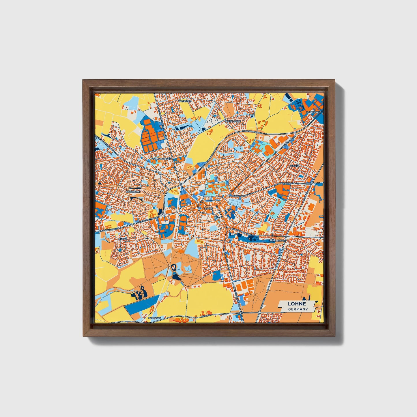Löhne Germany Colorful City Map Canvas Print • Dark Wooden Framed