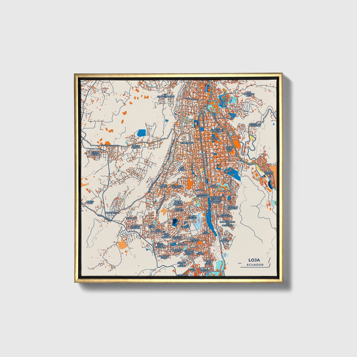 Loja Ecuador Colorful City Map Canvas Print • Gold Framed