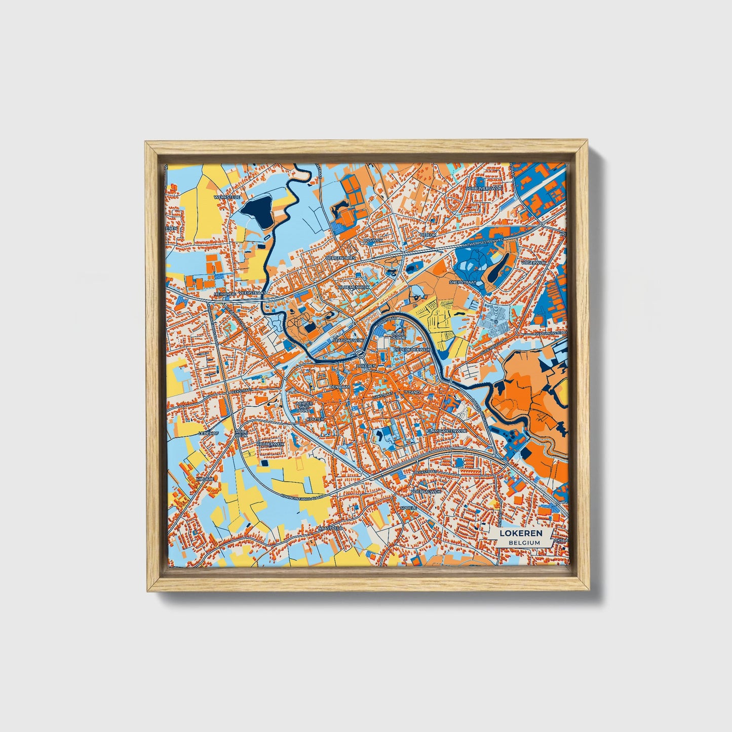 Lokeren Belgium Colorful City Map Canvas Print • Natural Wooden Framed