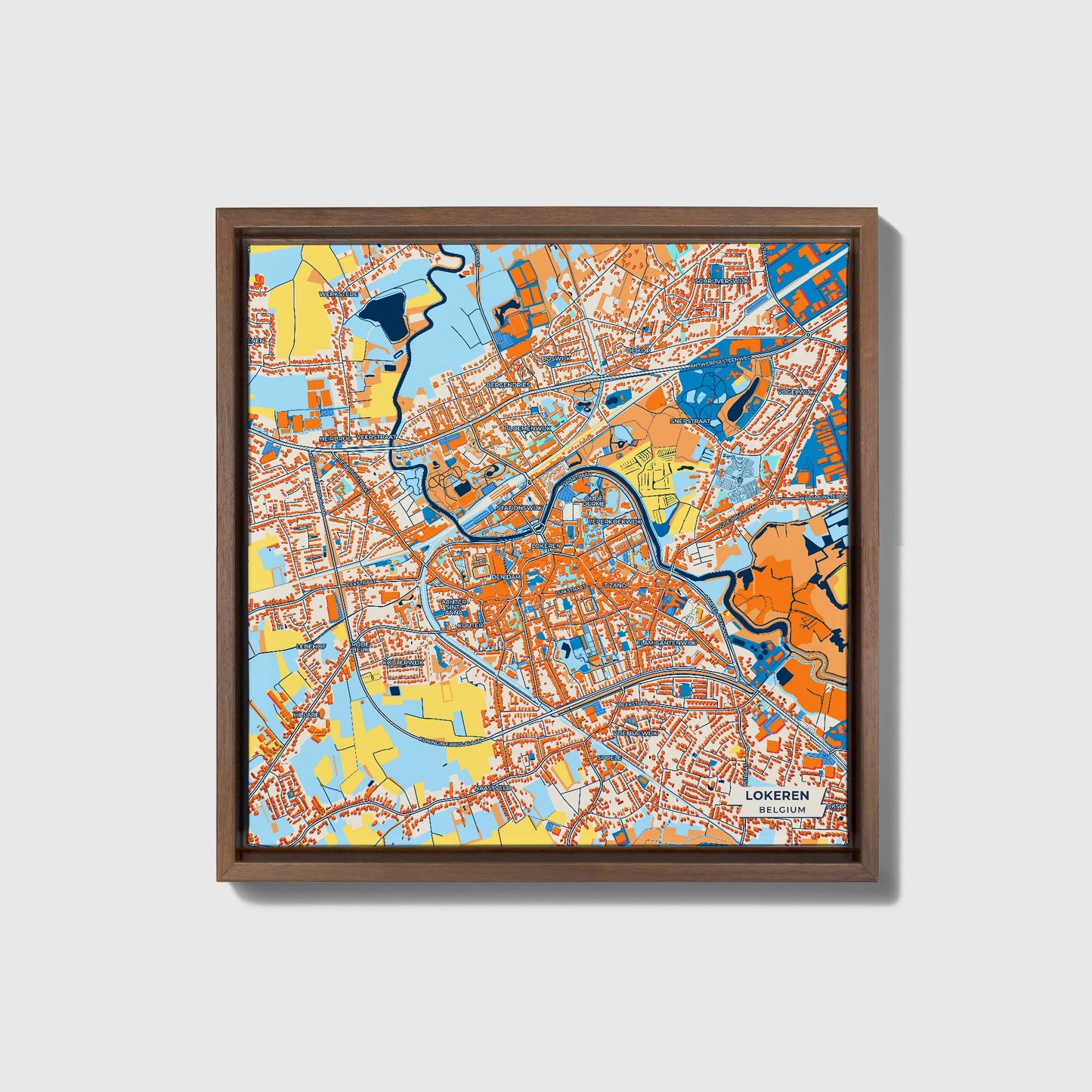 Lokeren Belgium Colorful City Map Canvas Print • Dark Wooden Framed