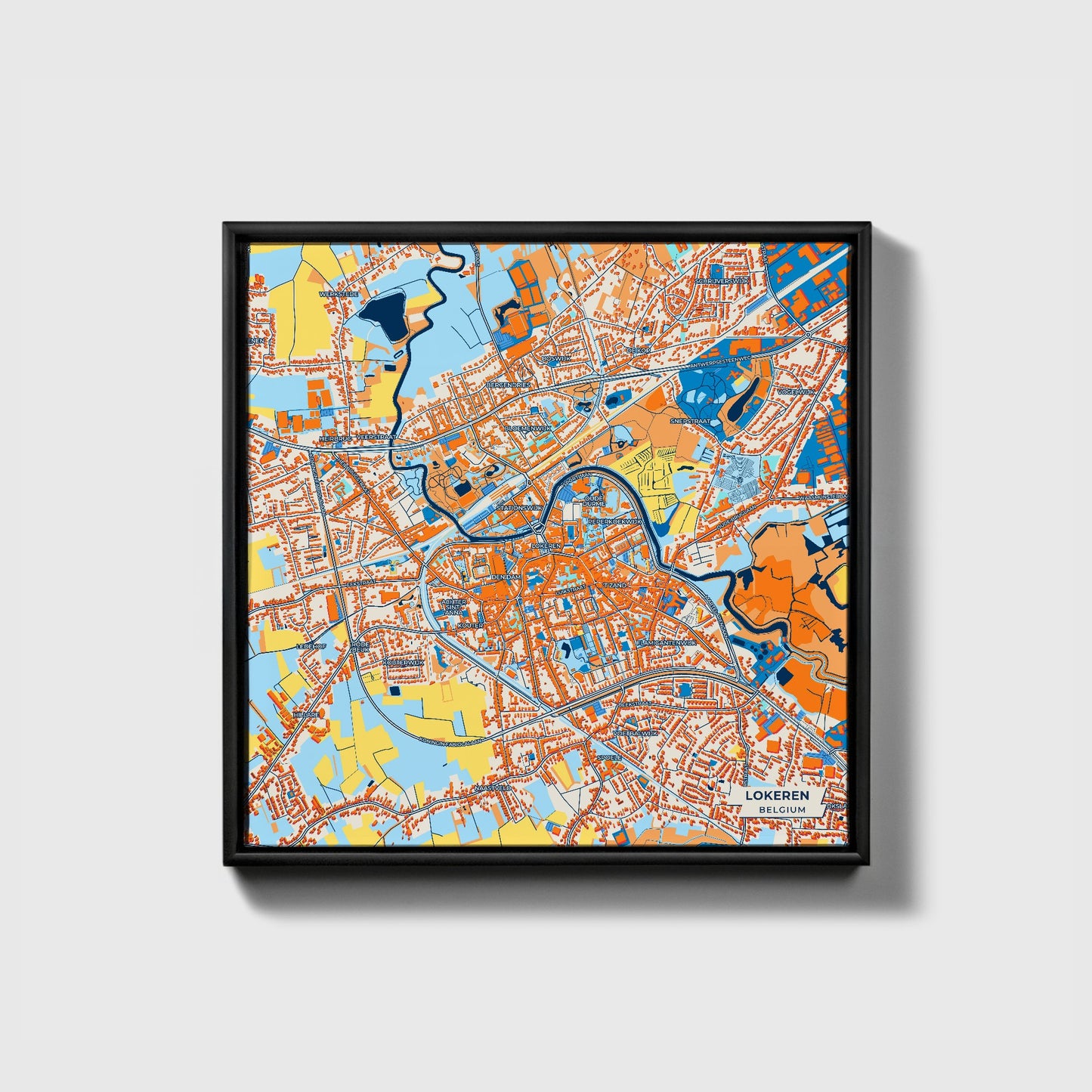 Lokeren Belgium Colorful City Map Canvas Print • Black Framed
