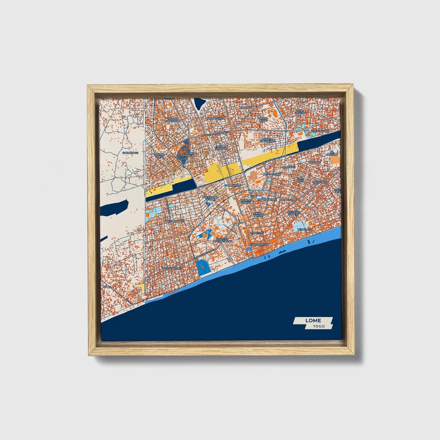 Lome Togo Colorful City Map Canvas Print • Natural Wooden Framed