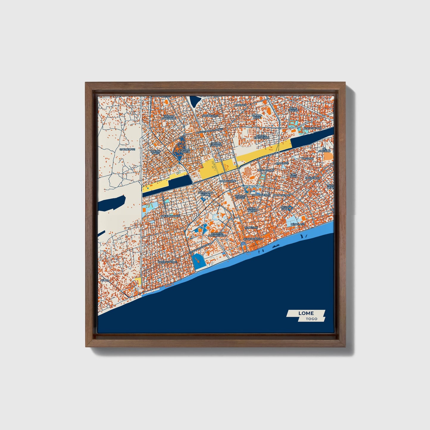 Lome Togo Colorful City Map Canvas Print • Dark Wooden Framed