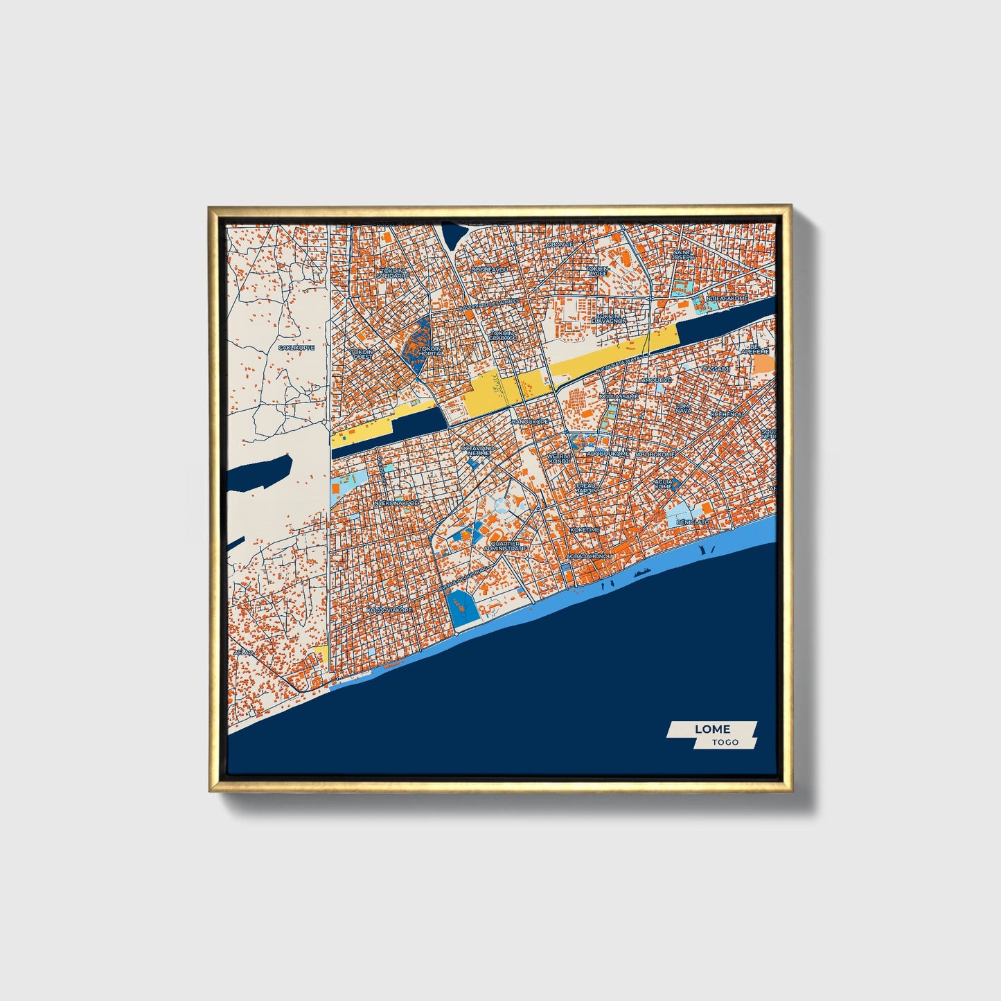 Lome Togo Colorful City Map Canvas Print • Gold Framed