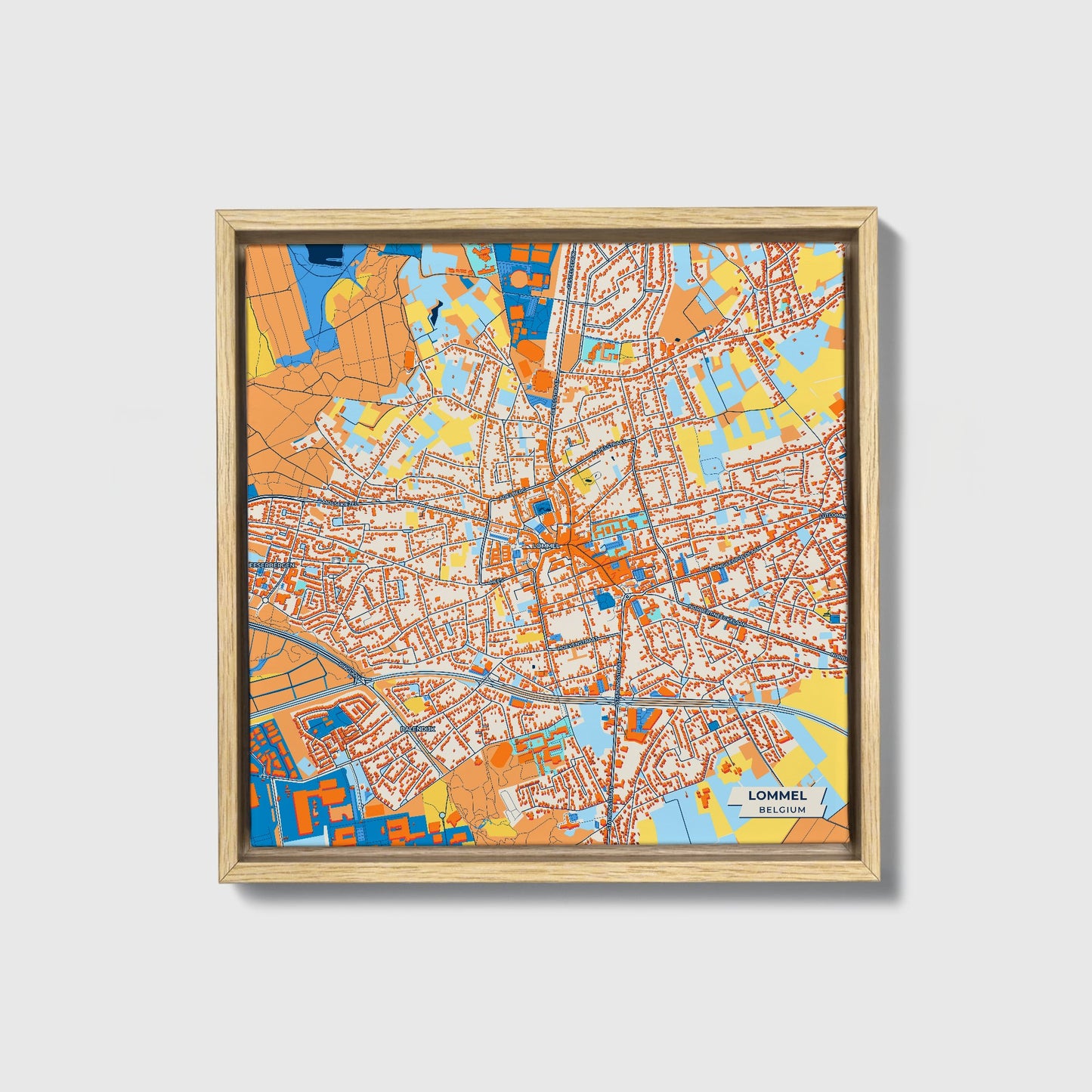 Lommel Belgium Colorful City Map Canvas Print • Natural Wooden Framed