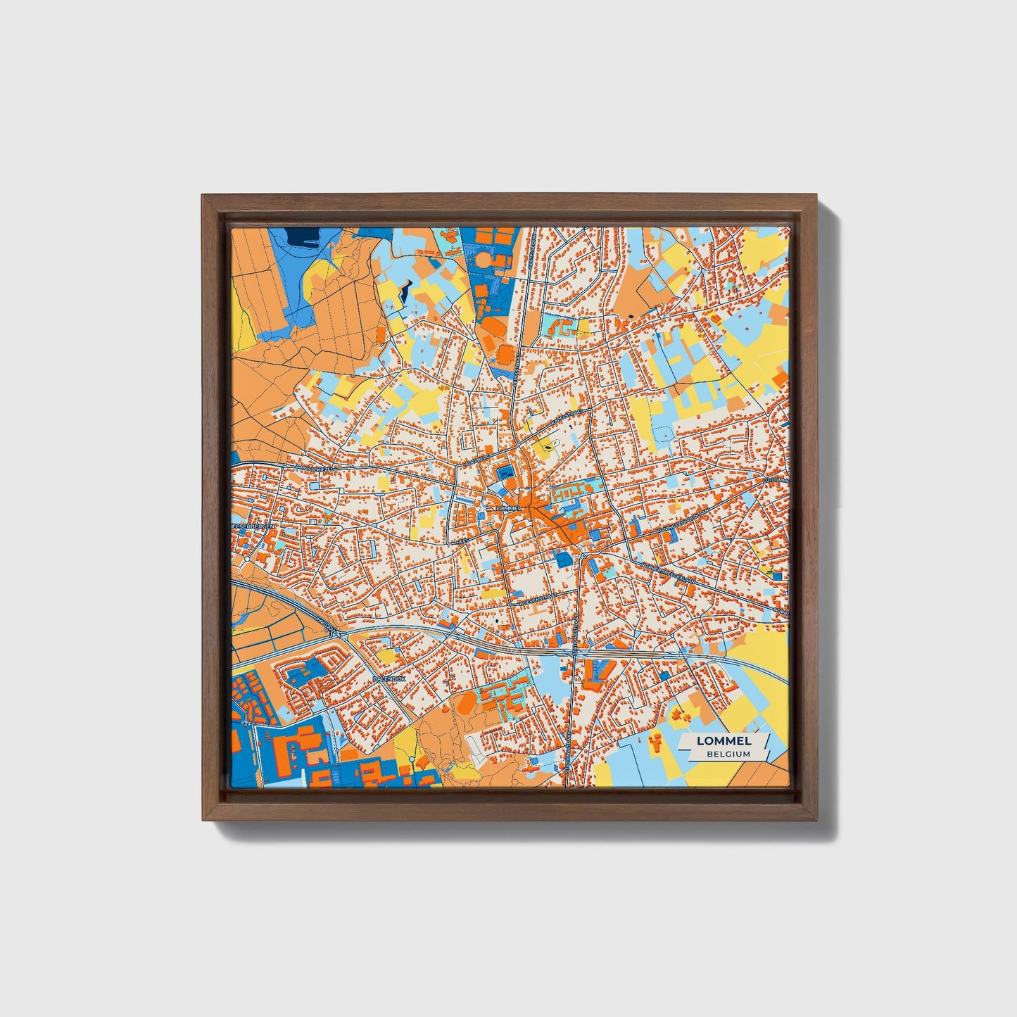 Lommel Belgium Colorful City Map Canvas Print • Dark Wooden Framed