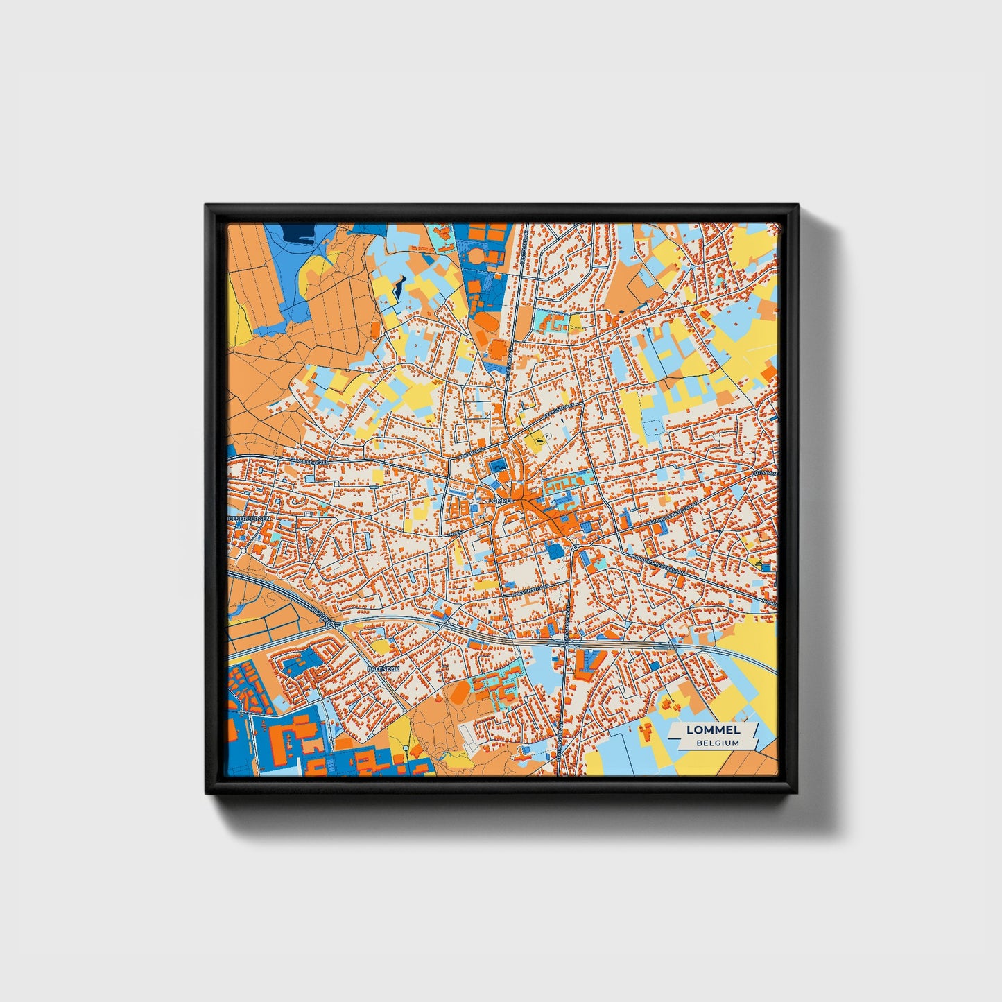 Lommel Belgium Colorful City Map Canvas Print • Black Framed