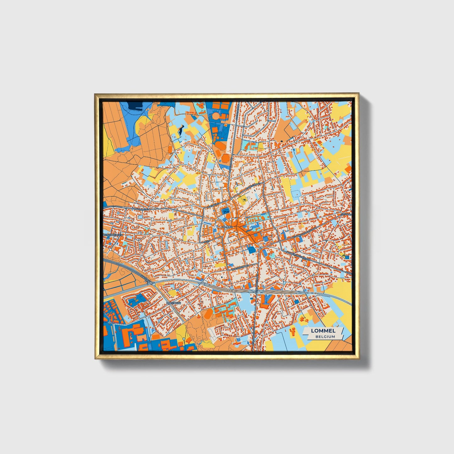 Lommel Belgium Colorful City Map Canvas Print • Gold Framed