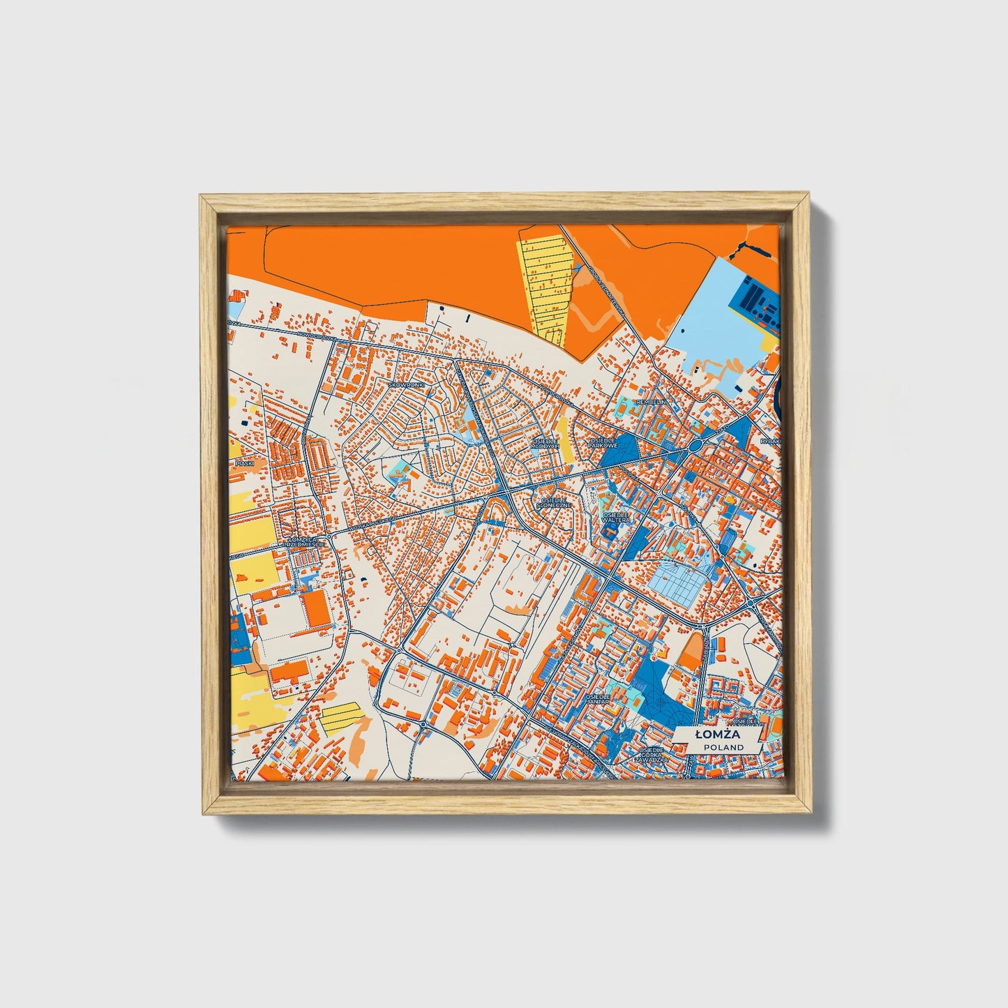 Łomża Poland Colorful City Map Canvas Print • Natural Wooden Framed