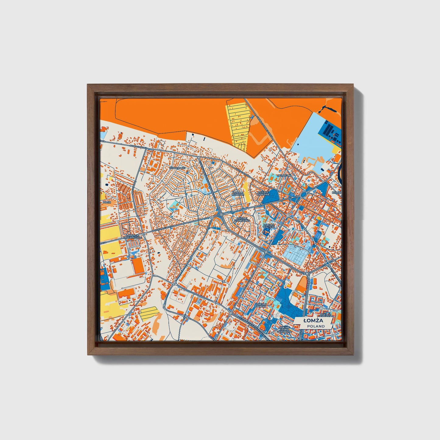 Łomża Poland Colorful City Map Canvas Print • Dark Wooden Framed