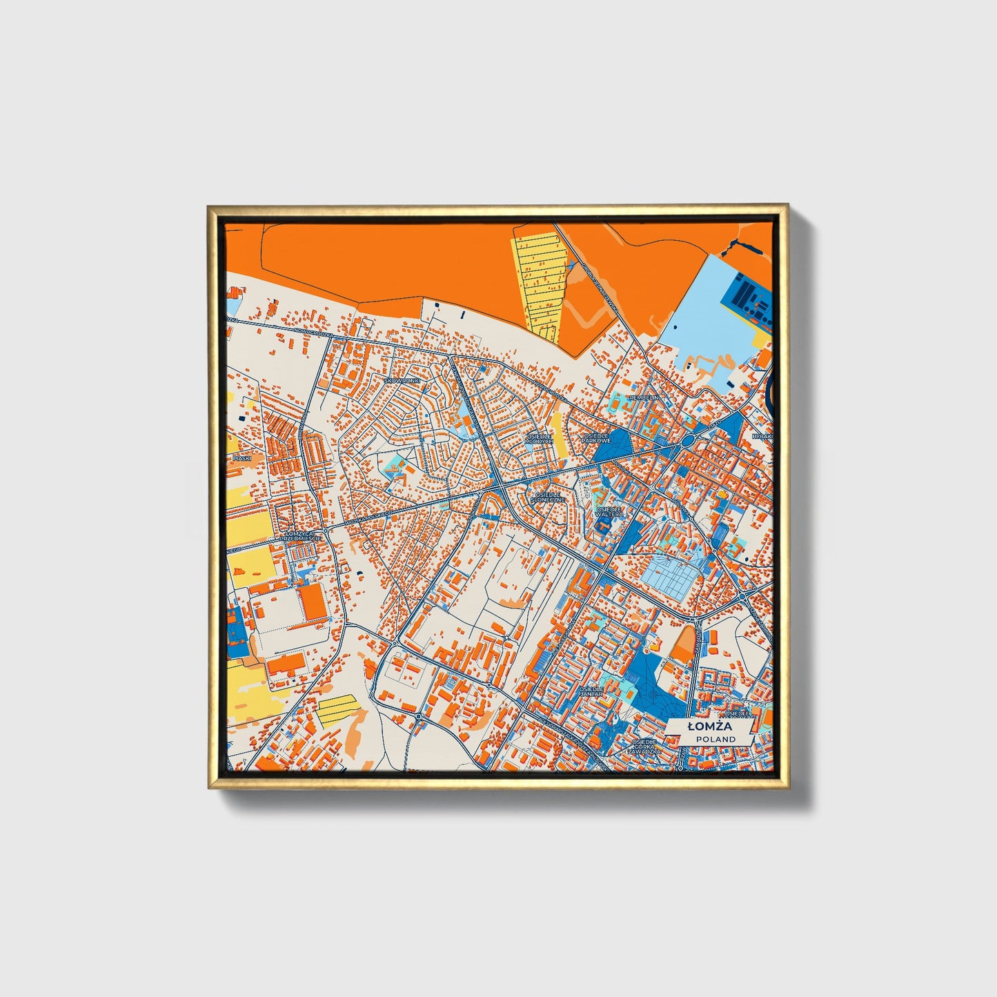 Łomża Poland Colorful City Map Canvas Print • Gold Framed