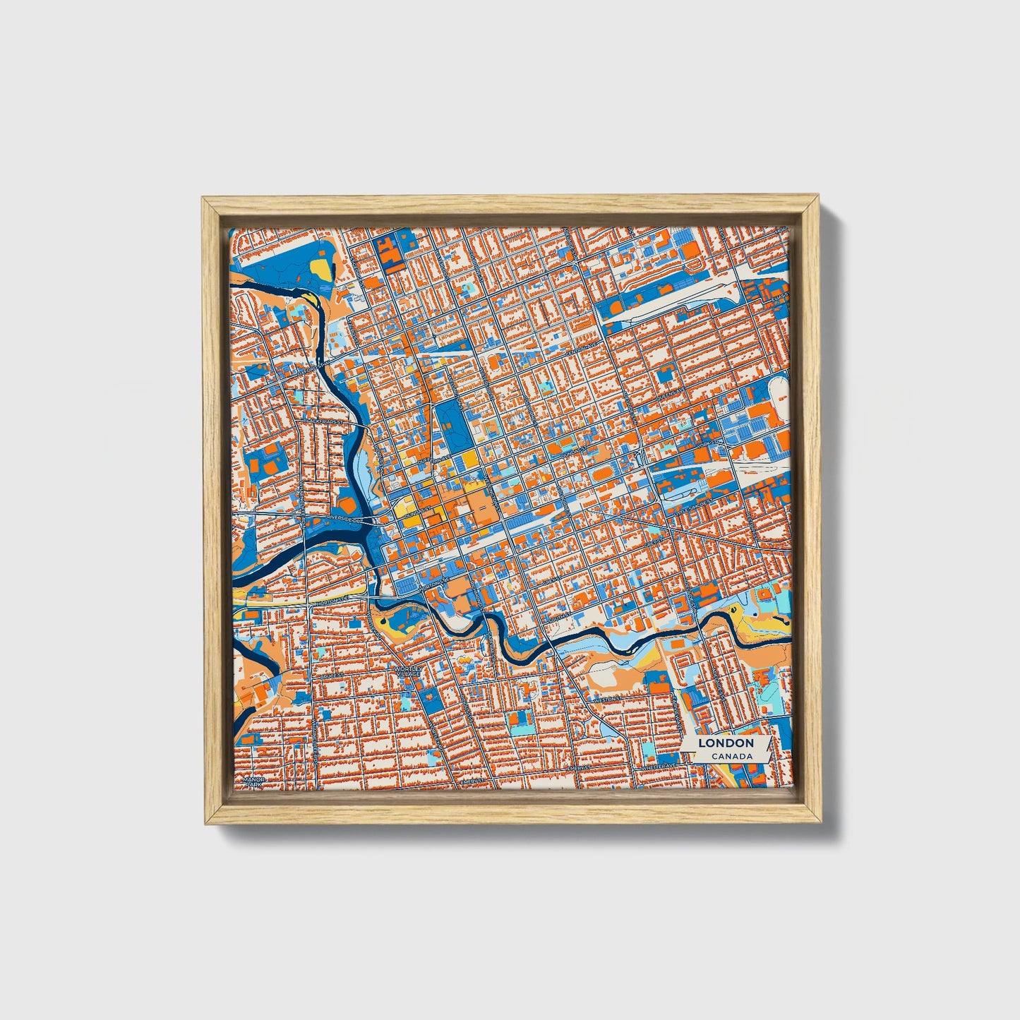London Canada Colorful City Map Canvas Print • Natural Wooden Framed