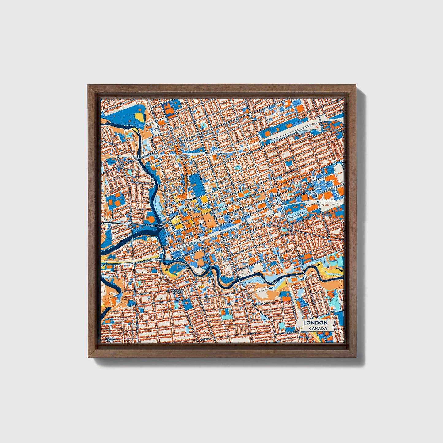 London Canada Colorful City Map Canvas Print • Dark Wooden Framed