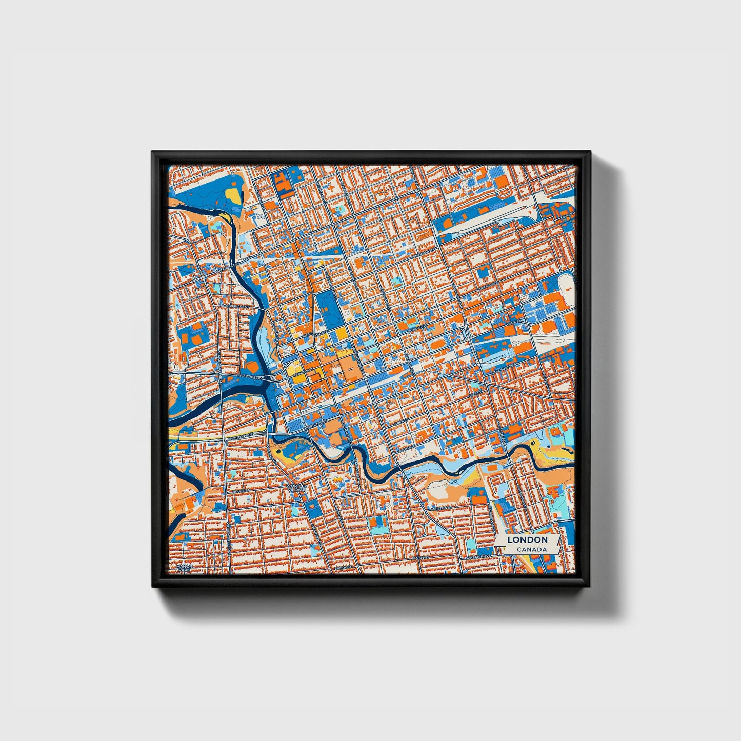 London Canada Colorful City Map Canvas Print • Black Framed