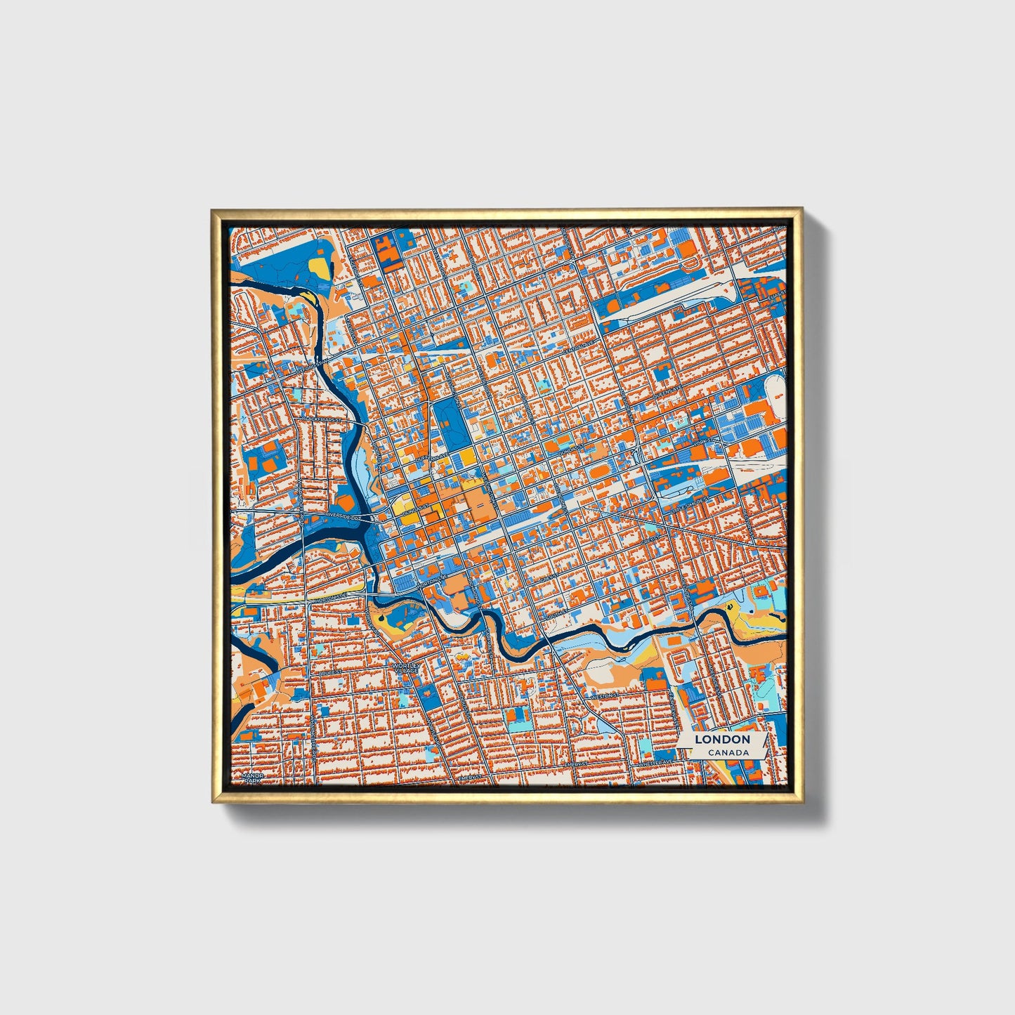 London Canada Colorful City Map Canvas Print • Gold Framed