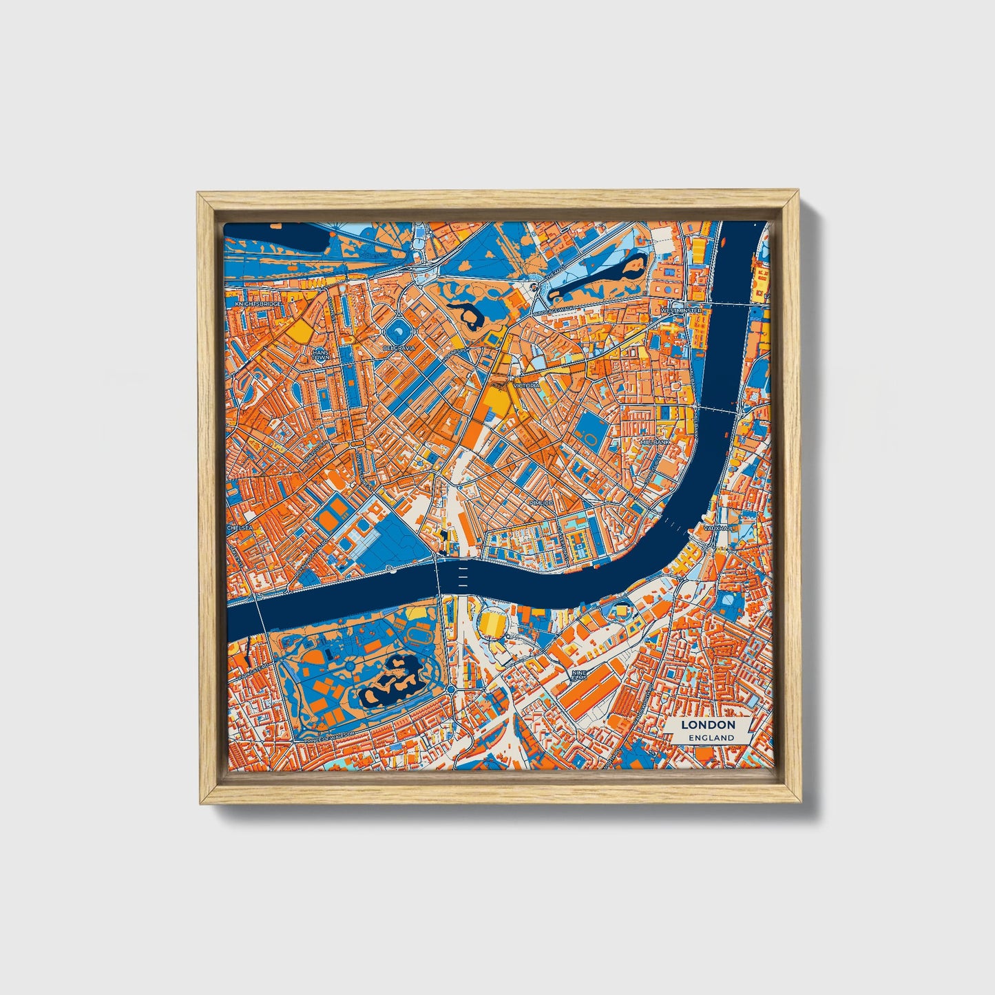 London England Colorful City Map Canvas Print • Natural Wooden Framed