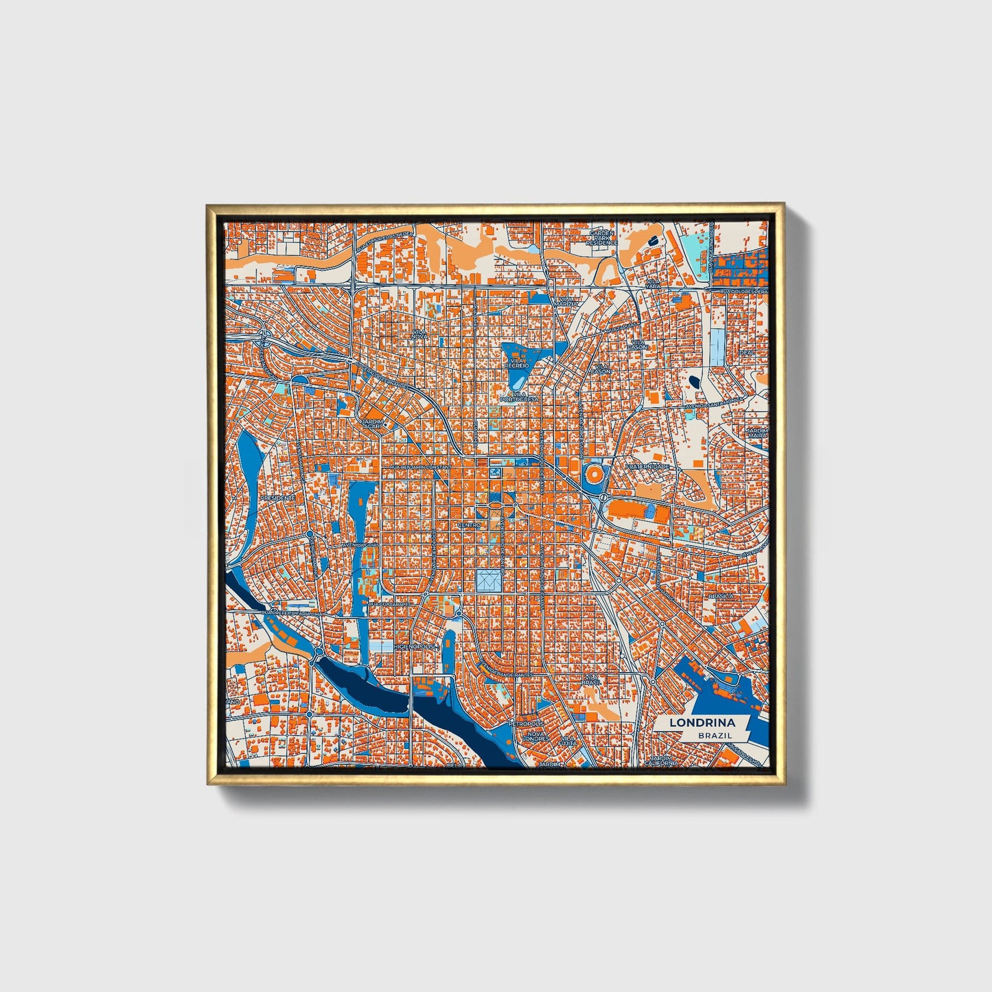 Londrina Brazil Colorful City Map Canvas Print • Gold Framed