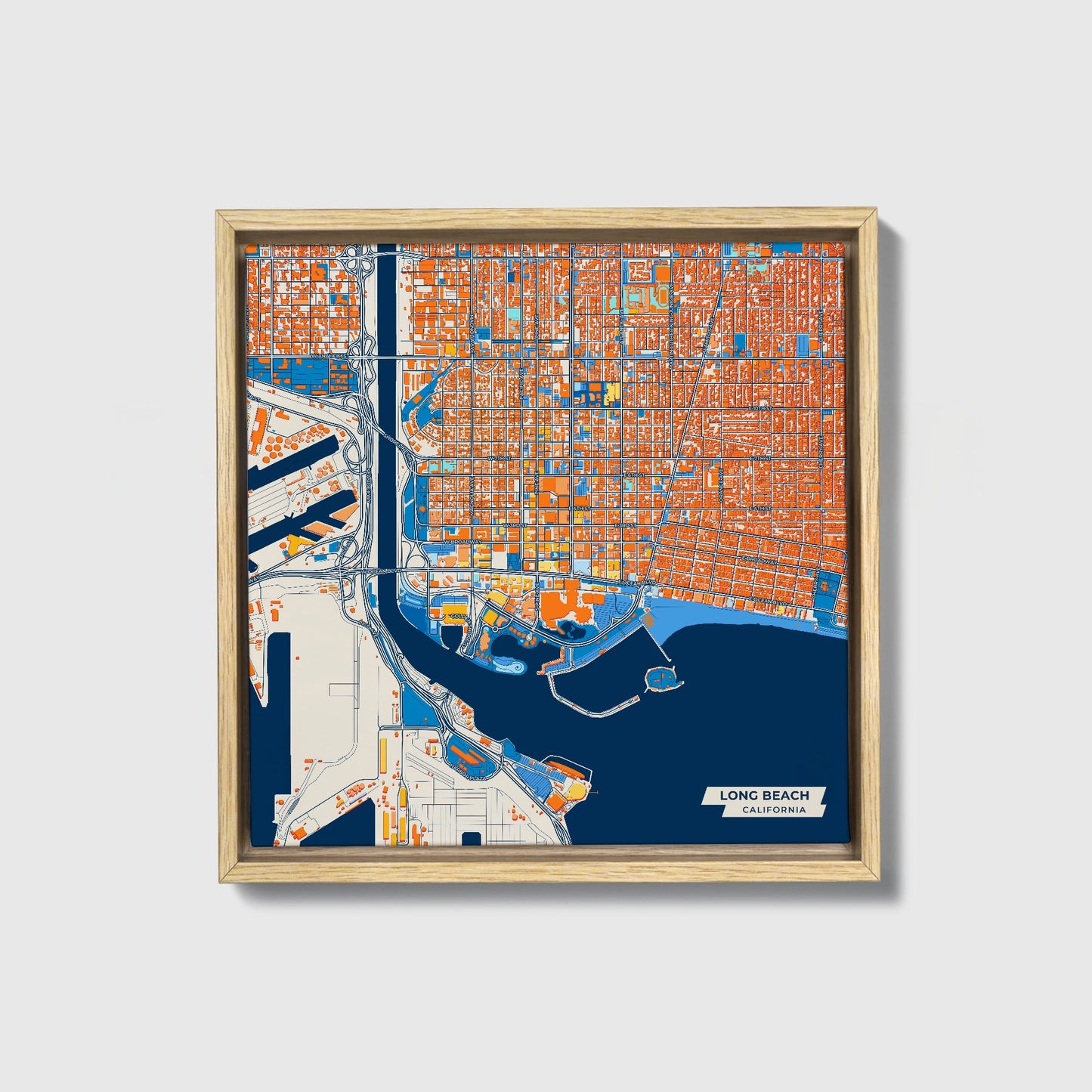 Long Beach California Colorful City Map Canvas Print • Natural Wooden Framed