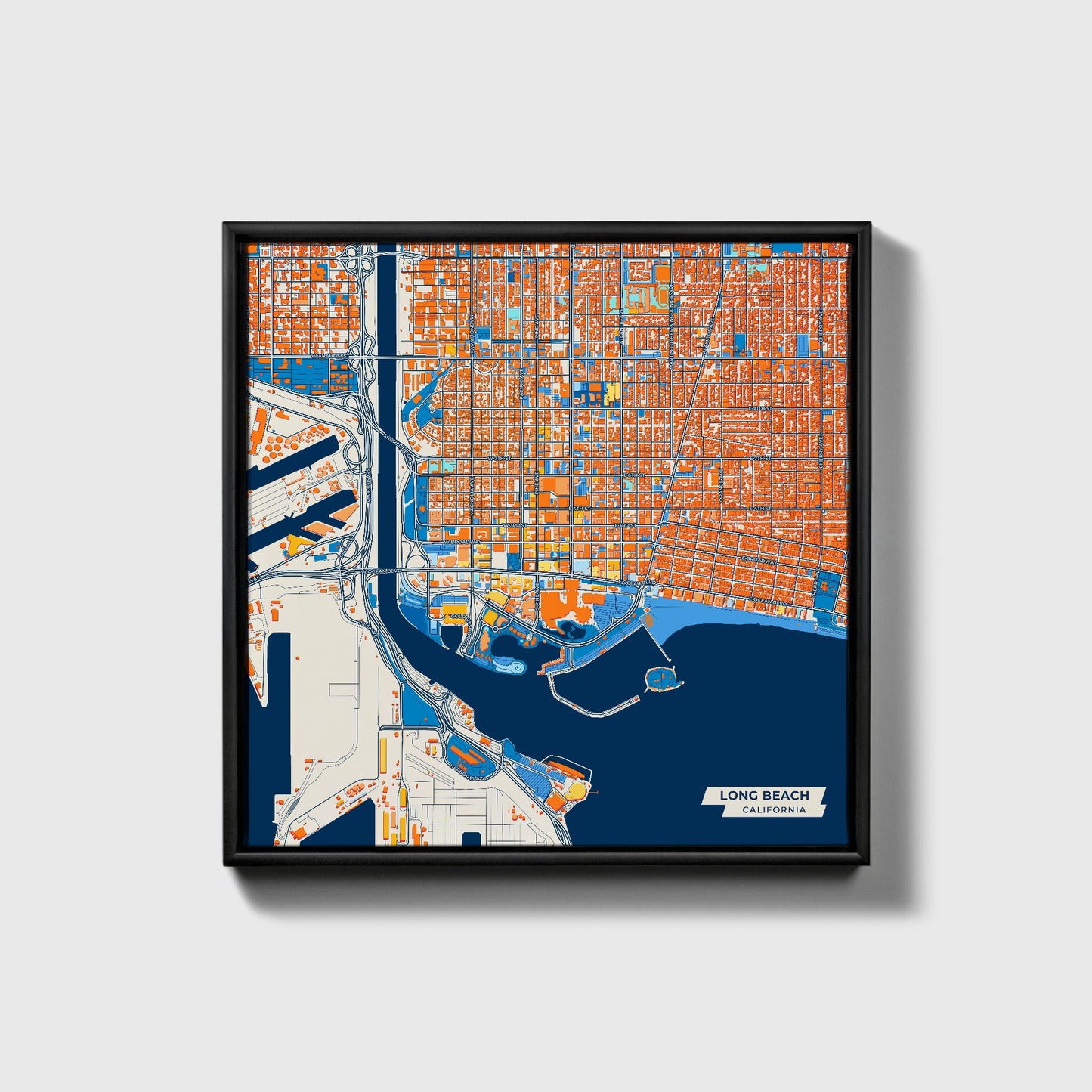 Long Beach California Colorful City Map Canvas Print • Black Framed