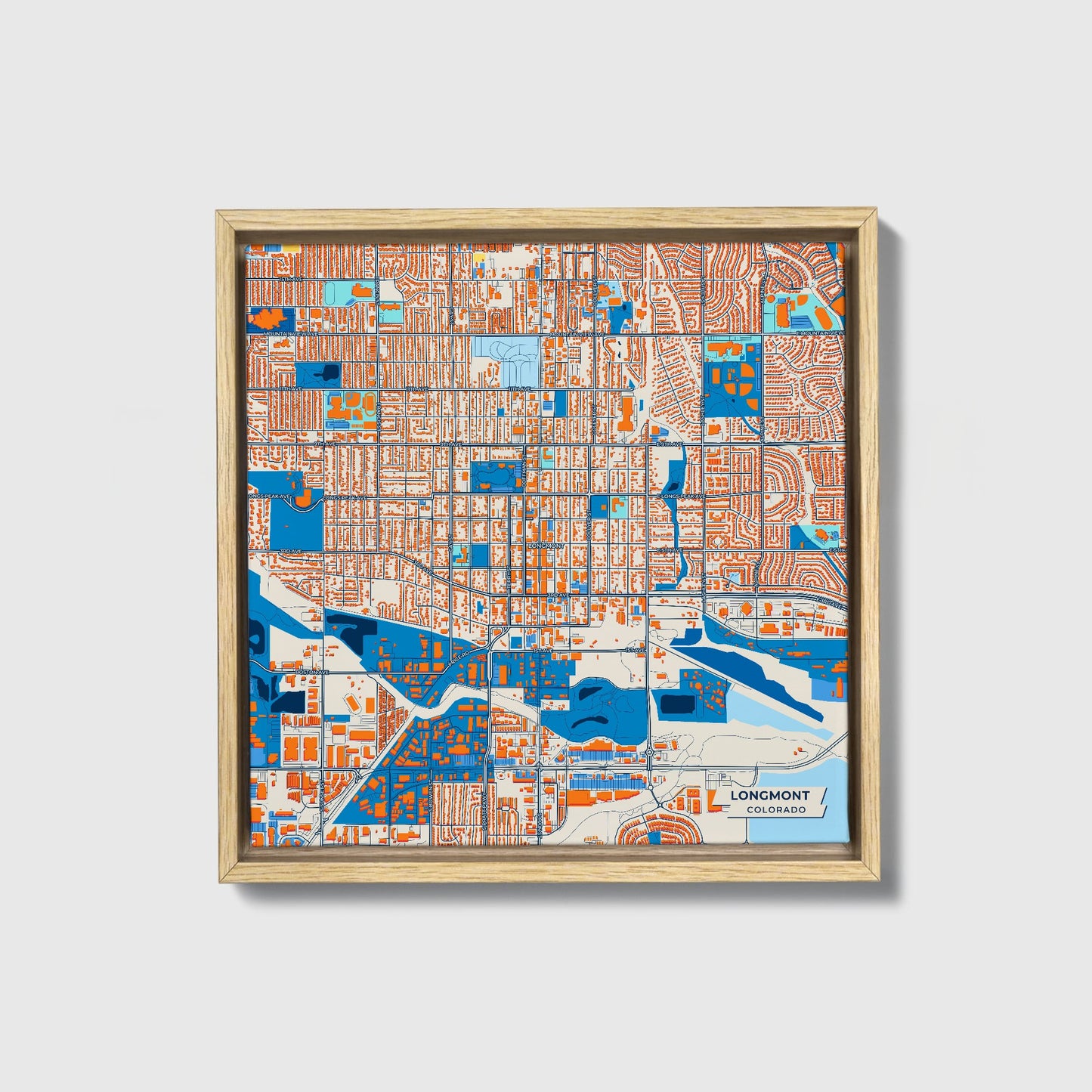 Longmont Colorado Colorful City Map Canvas Print • Natural Wooden Framed