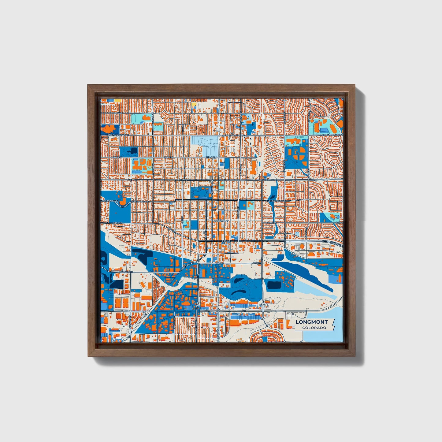 Longmont Colorado Colorful City Map Canvas Print • Dark Wooden Framed