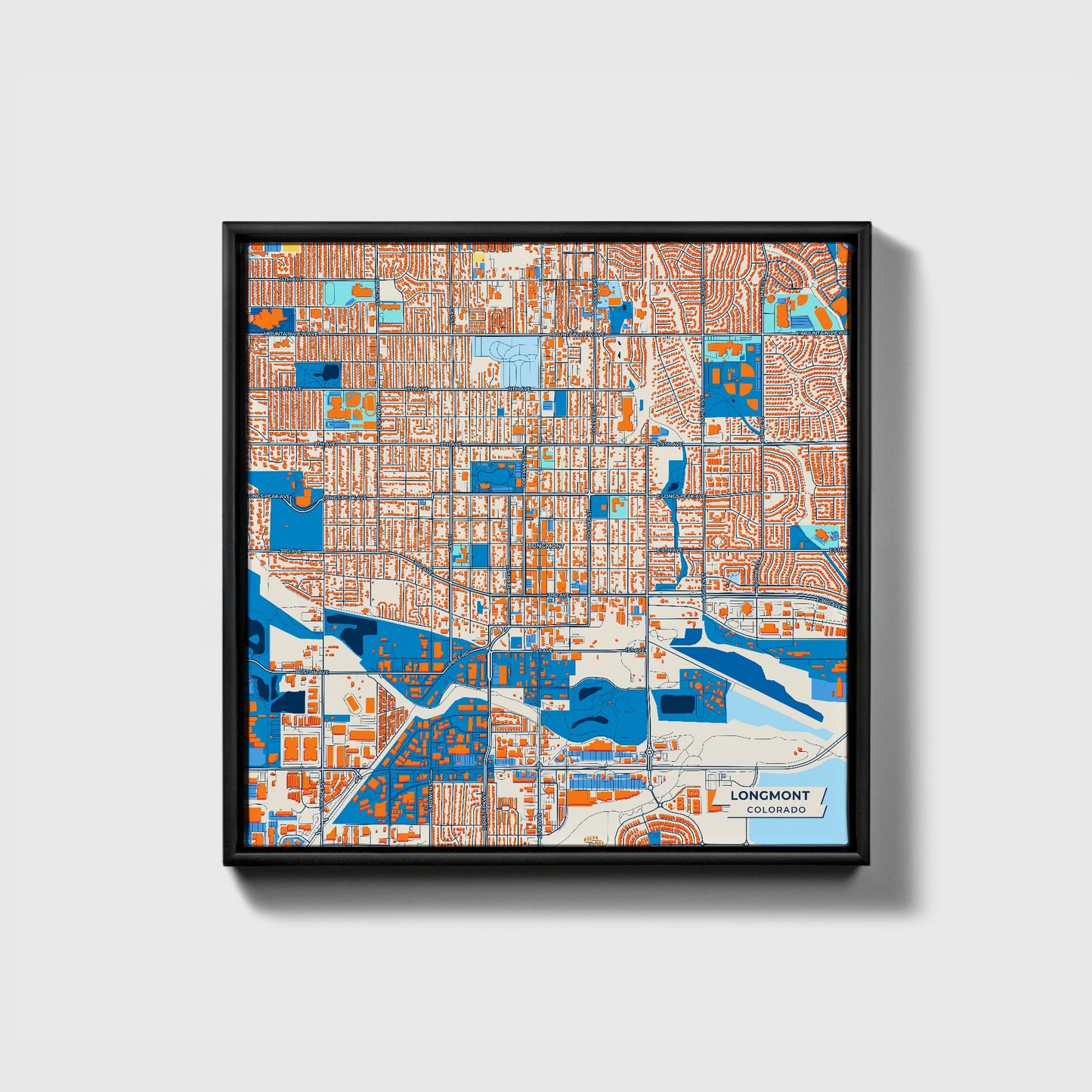 Longmont Colorado Colorful City Map Canvas Print • Black Framed
