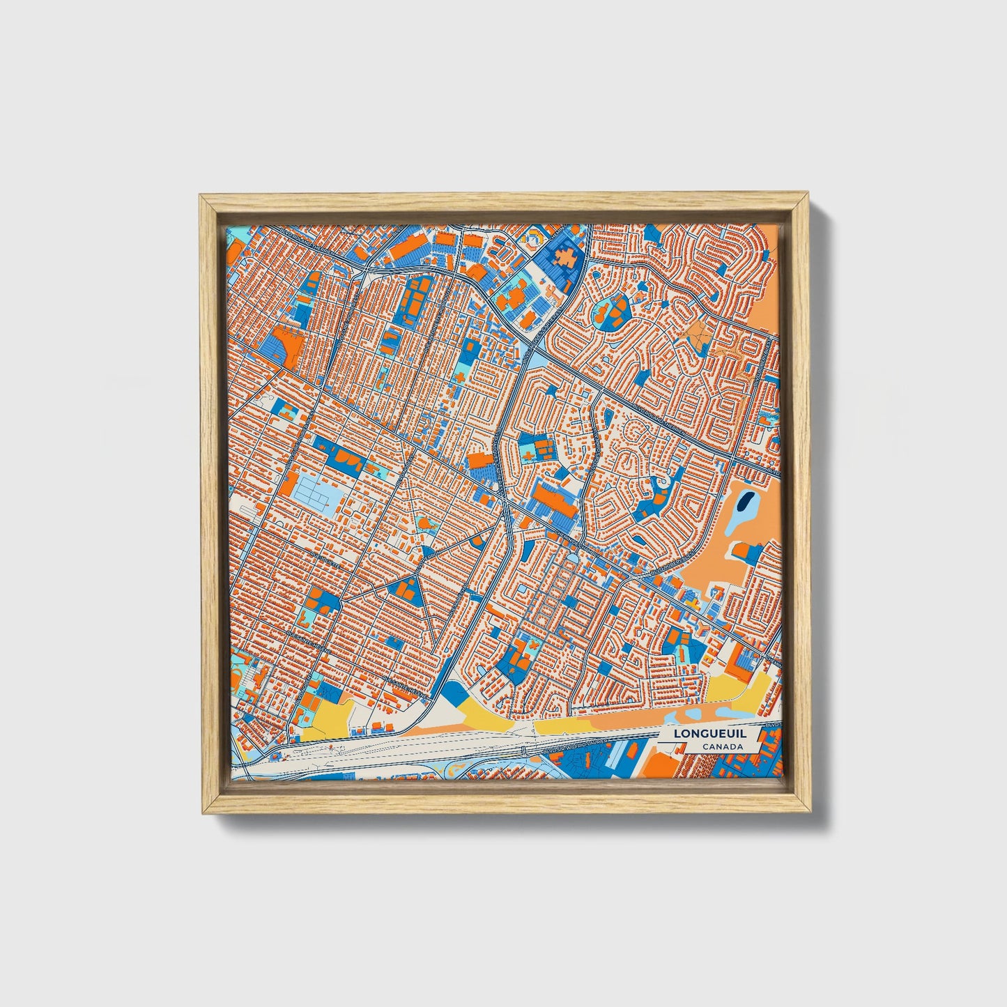 Longueuil Canada Colorful City Map Canvas Print • Natural Wooden Framed