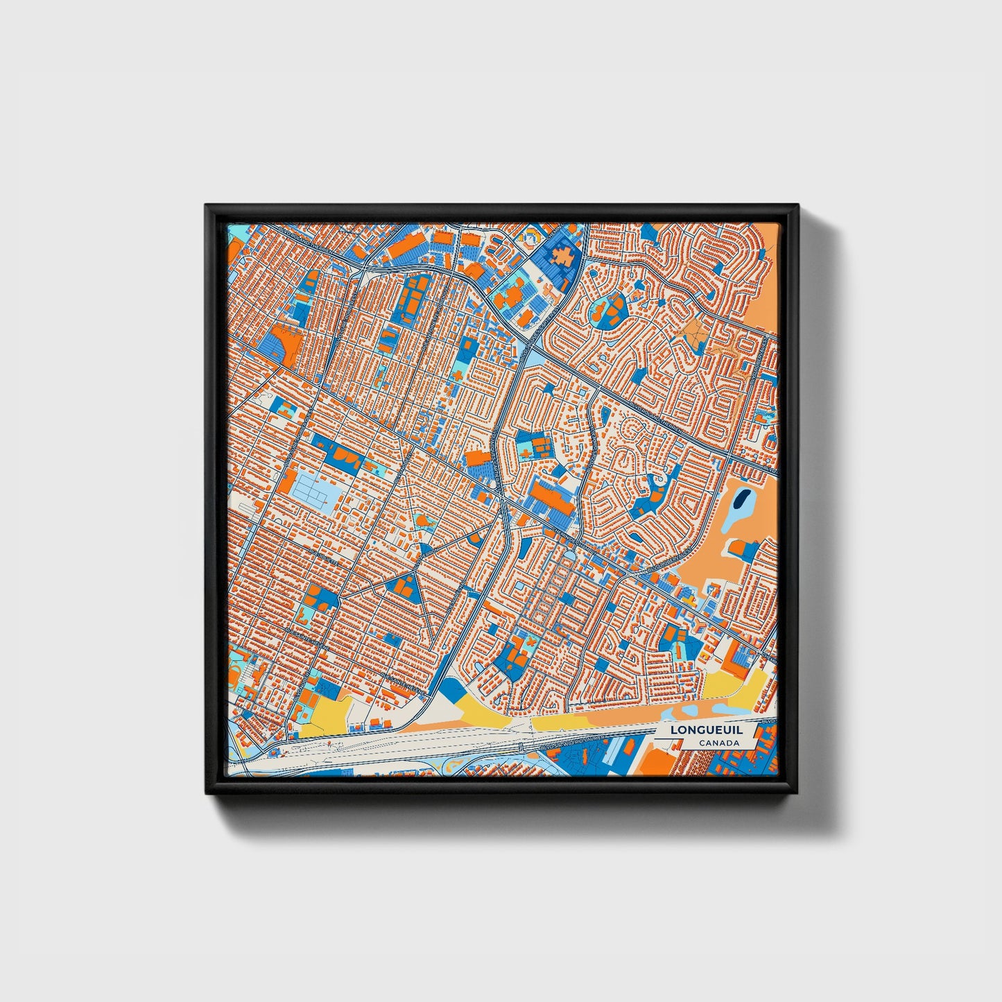 Longueuil Canada Colorful City Map Canvas Print • Black Framed
