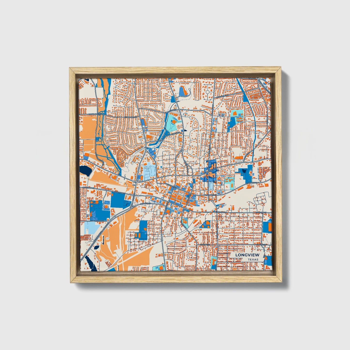 Longview Texas Colorful City Map Canvas Print • Natural Wooden Framed