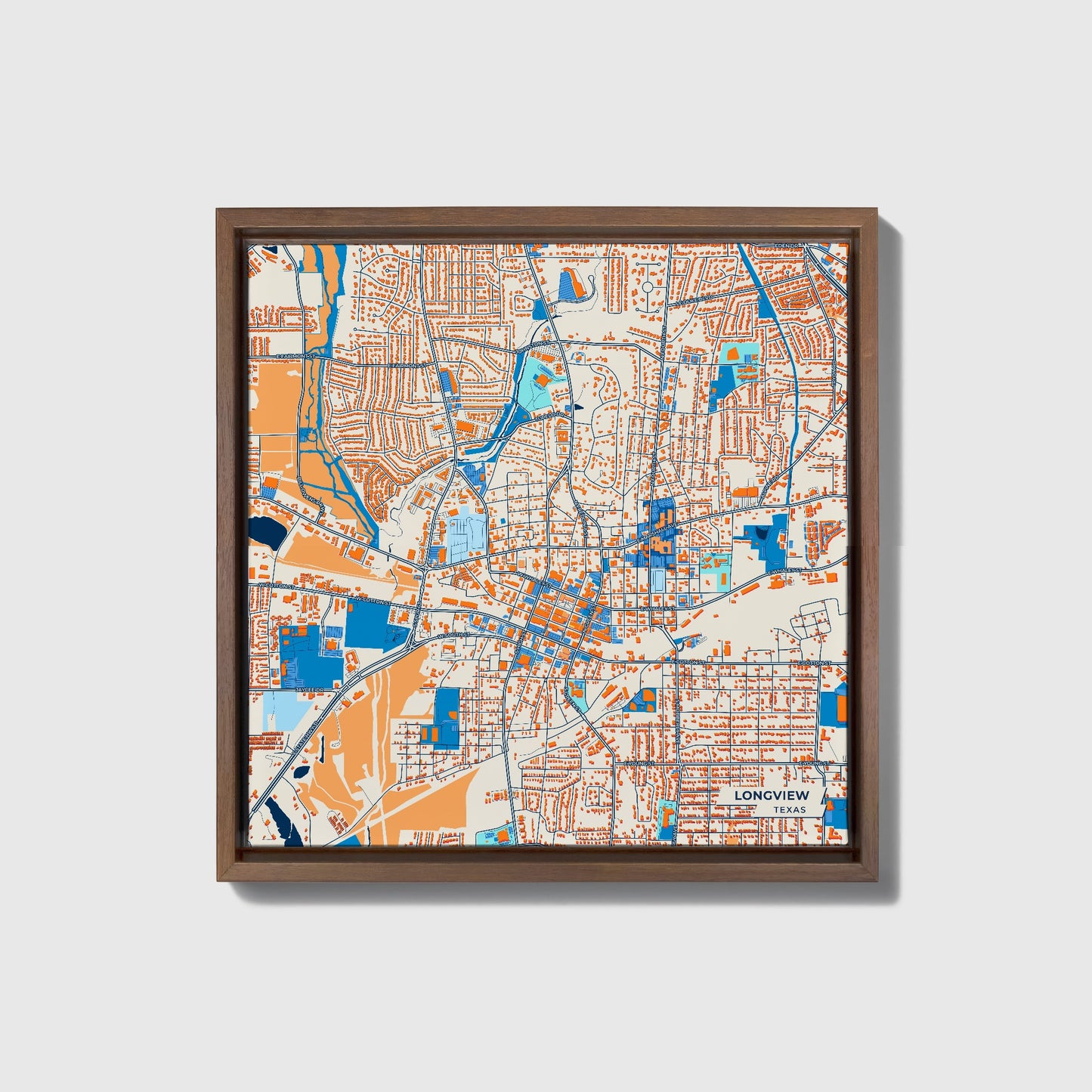 Longview Texas Colorful City Map Canvas Print • Dark Wooden Framed