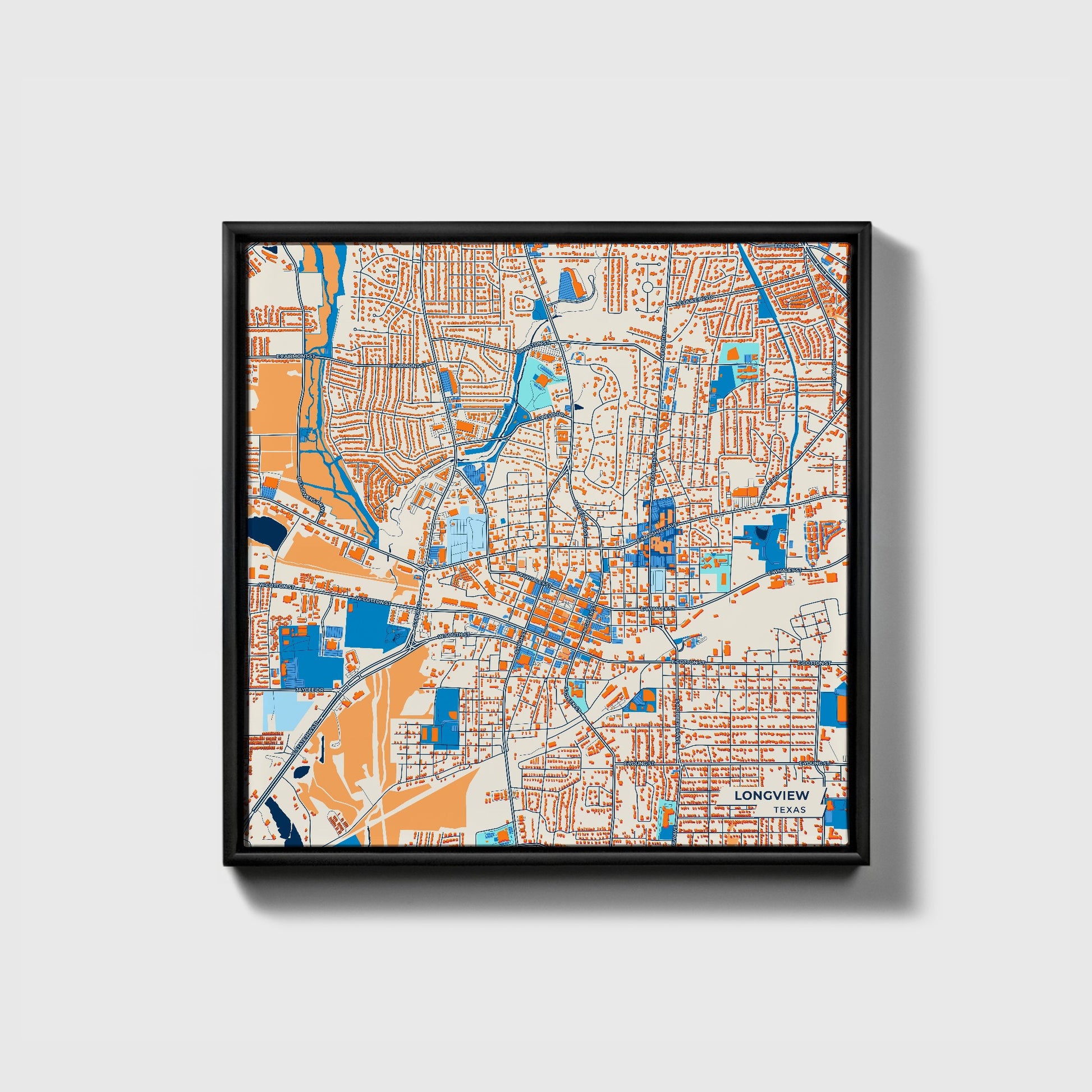 Longview Texas Colorful City Map Canvas Print • Black Framed