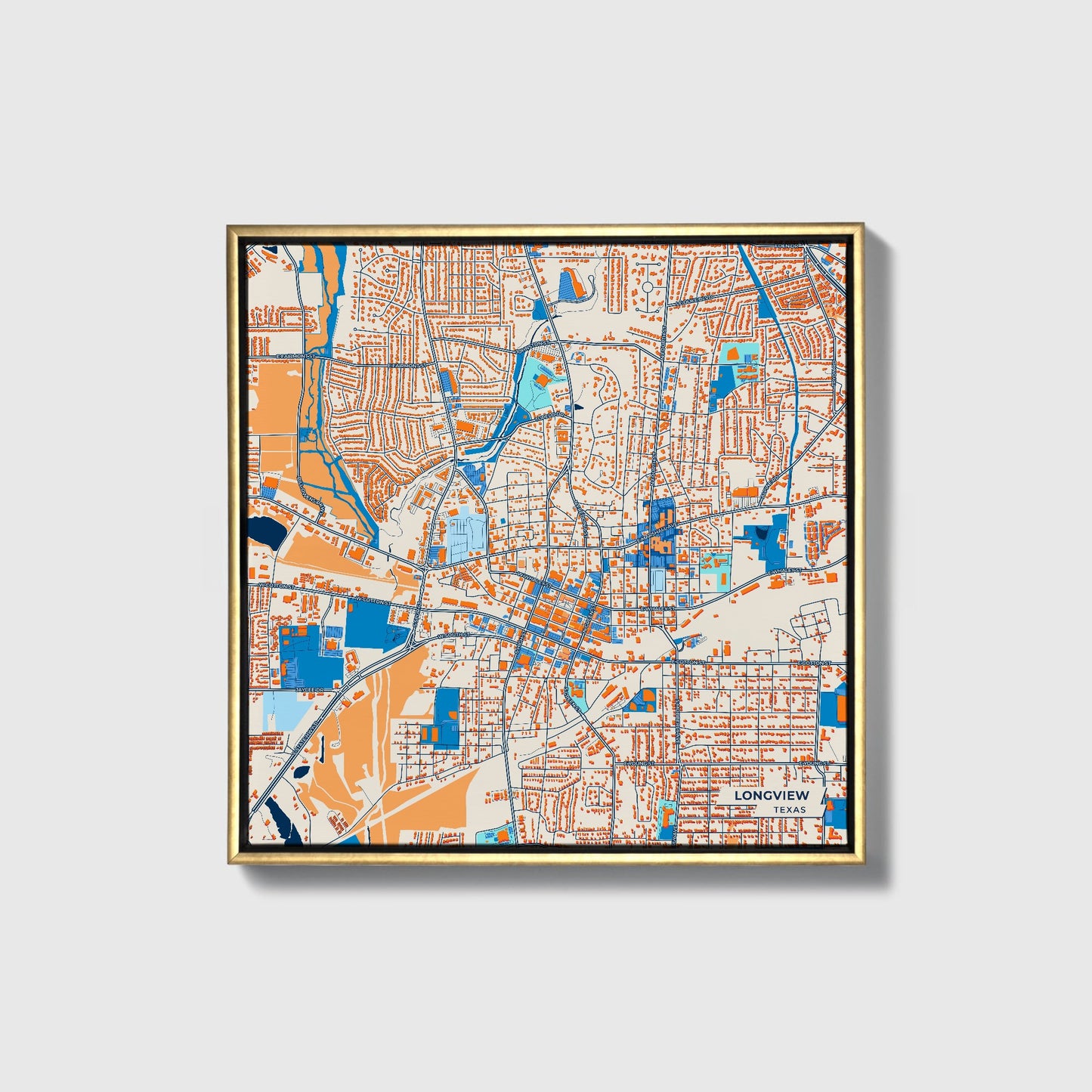 Longview Texas Colorful City Map Canvas Print • Gold Framed