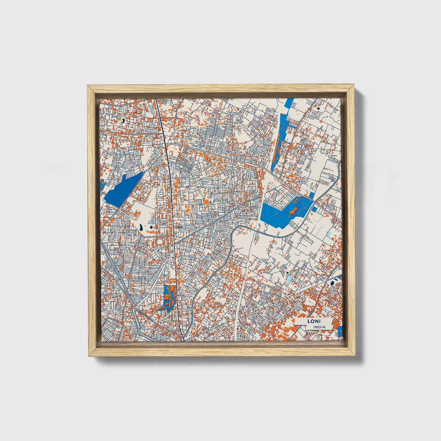 Loni India Colorful City Map Canvas Print • Natural Wooden Framed