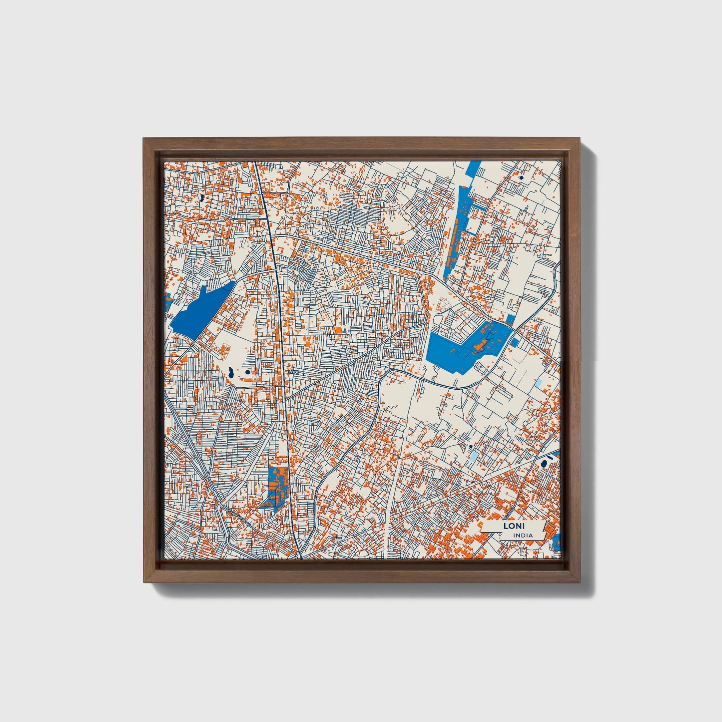 Loni India Colorful City Map Canvas Print • Dark Wooden Framed