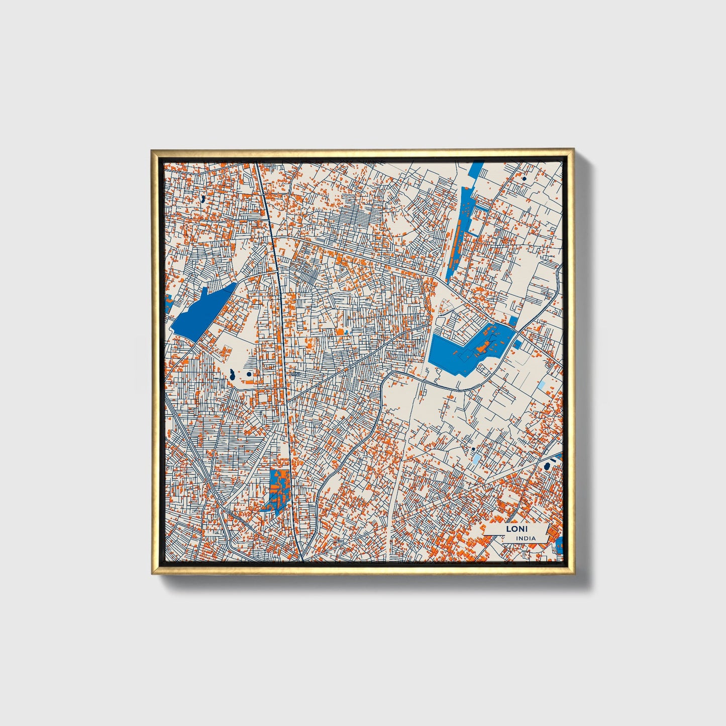 Loni India Colorful City Map Canvas Print • Gold Framed